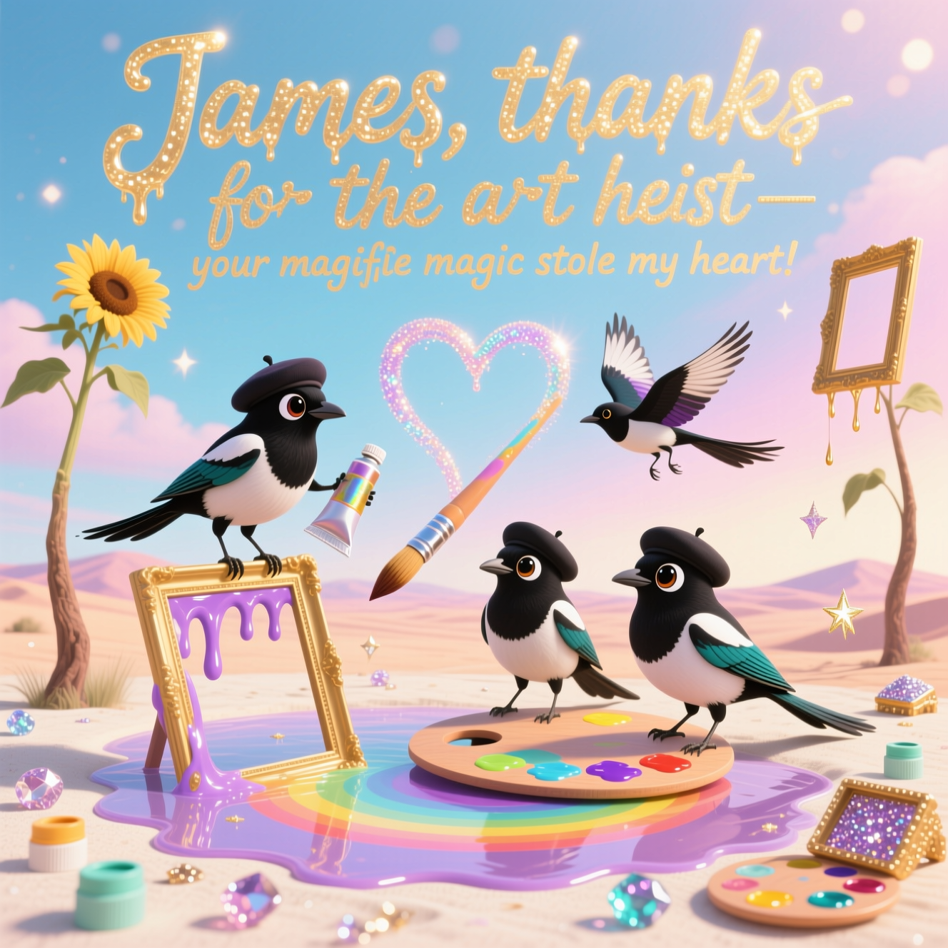Magpies, art, James, and Thank-you Card