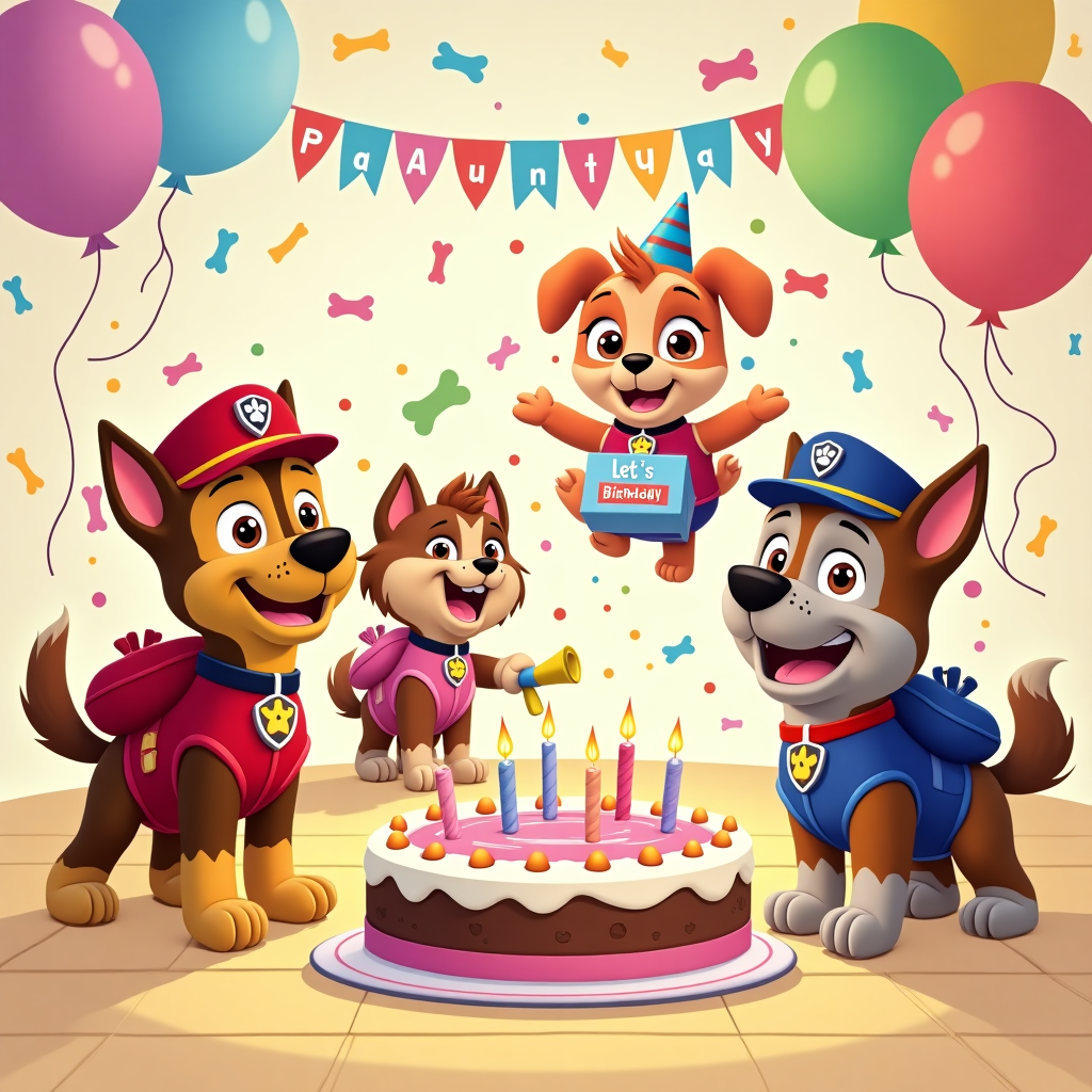 **Prompt:**  
At the top of the cartoon image, "PAW-ty Time, Katanna! It’s Your Bark-day!"

A colorful and playful cartoon scene in a bright birthday setting, with the Paw Patrol pups gathered around a big bone-shaped birthday cake. Chase is blowing a party horn, Skye is zooming in with balloons tied to her wings, and Marshall is popping out of a gift box, showering confetti everywhere. Rubble is holding a banner that says “Let’s Paw-ty!”, while Everest brings in a pup-sized present. The background is filled with paw-print streamers, bone-shaped balloons, and sparkly birthday lights. The whole scene radiates cute, cheerful energy with soft, rounded cartoon-style characters, perfect for a child’s birthday celebration.
Generated with these themes: paw patrol.
Made with ❤️ by AI.