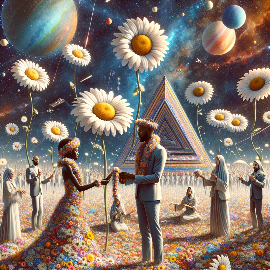Visualize a playful wedding ceremony with the notable triangular music performance platform at a popular music festival subtly blended into a celestial backdrop filled with fantastical colors. The African bride and Caucasian groom are positioned at the front, swapping flower garlands embellished with daisies, representing purity and naivety. Immense daisies grow in an abstract manner around the pair, their petals shimmering like stars, while the Middle-Eastern and Hispanic guests dance hovering slightly over the surface, embodying the essence of melody, affection, and surrealism.
Generated with these themes: Glastonbury festival , and Daisies .
Made with ❤️ by AI.