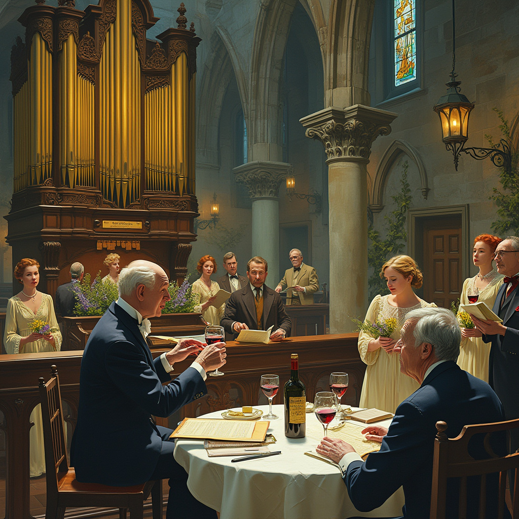 In the heart of a grand, timeworn cathedral, reminiscent of an Arthur Rackham illustration, a solemn birthday gathering unfolds, rich with layered detail and intrigue. A magnificent pipe organ, with its golden pipes gleaming under soft candlelight, stretches upwards like a guardian of the heavenly melodies. At its bench sits an elegantly aged gentleman, dressed in a tailcoat, his fingers dancing deftly over the keys, releasing a symphony of classical music into the air. To his right, a grand piano, polished to a mirror finish, reflects the dimly lit arches above. Atop the piano rests a vintage bottle of red wine, its cork half-popped, accompanied by two crystal goblets, one with a hint of deep burgundy clinging to its rim.

Near the altar, a choir of ethereal singers, attired in flowing robes of cream and gold, channels the style of Beatrix Potter with gentle faces and expressive eyes, performing an operatic rendition that echoes through the ancient stone walls. Their sheet music is strewn across an old wooden stand, each page meticulously illustrated with whimsical motifs akin to Edward Gorey’s flair.

Intertwined within this scene is an elaborate stained-glass window, capturing a celestial opera with angelic figures, their robes swirling in a gust of divine wind. Below them, seated in wooden pews, a small audience watches intently—dressed in period attire reminiscent of a Norman Rockwell painting—holding programs and bouquets of lavender and sage.

In a quaint corner, an auburn-haired woman, resembling an Aubrey Beardsley muse, carefully pours wine into a goblet for a silver-haired man with a Maxfield Parrish-inspired twinkle in his eye. Behind them, a heavy wooden door, slightly ajar, reveals a glimpse of moonlit gardens, where vines of ivy play among ancient stone, echoing the delicate linework of Gustave Doré.

Every element of this intricate tableau tells a story of tradition, artistry, and the transcendent joy of music, all harmoniously blending together in a scene worthy of a birthday celebration unlike any other.
Generated with these themes: Piano, Wine, Opera, Classical music, Playing the organ, Choral singing, and Church.
Made with ❤️ by AI.