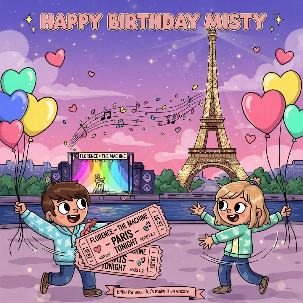 Paris Eiffel tower, Florence and the machine concert, Music tickets, and Birthday Card