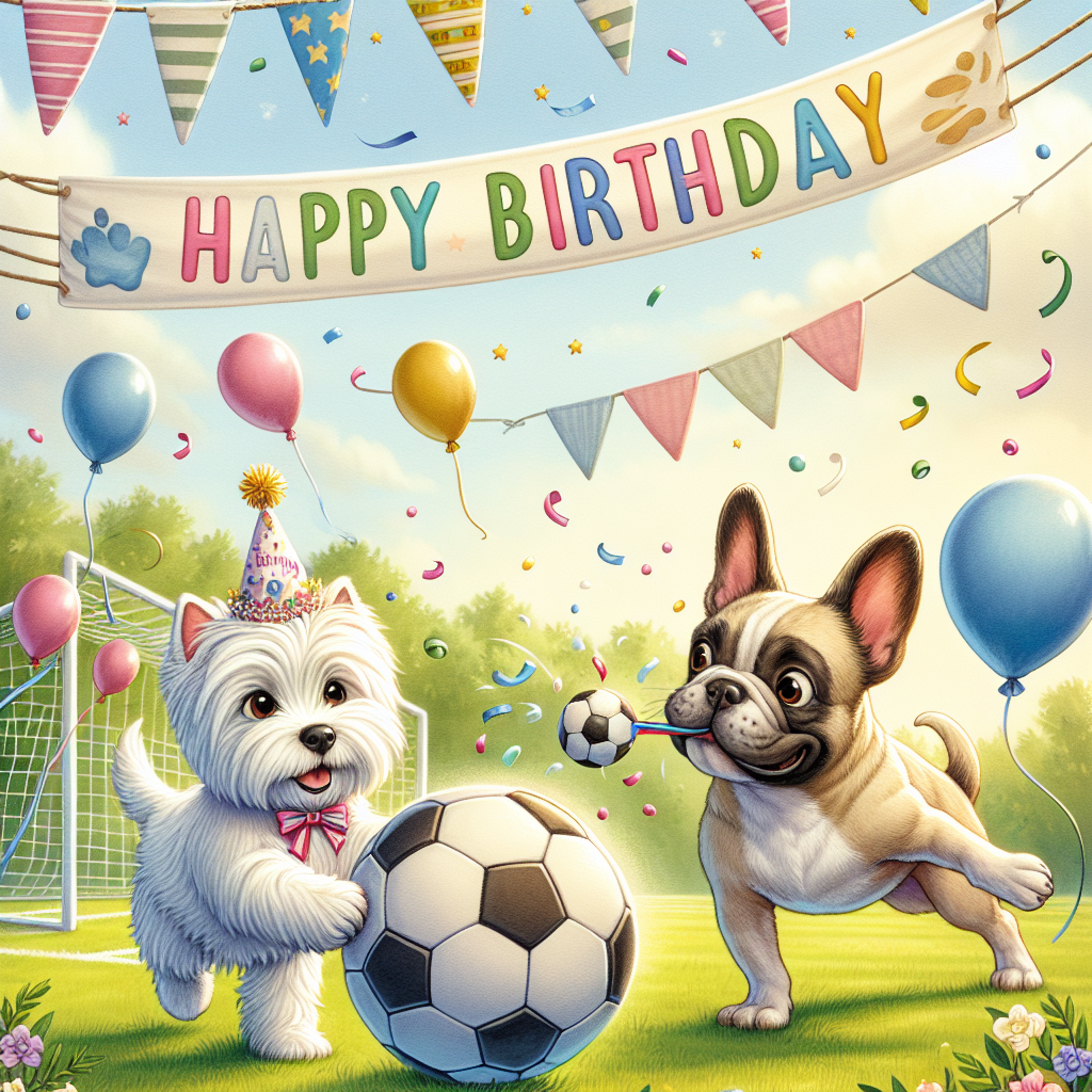White West Highland terrier , French bulldog , and Soccer Birthday Card