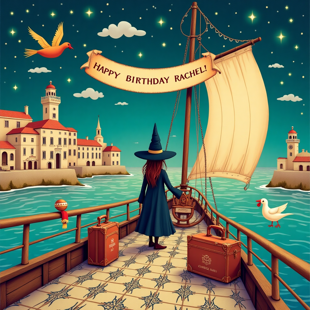 In the enchanting scene set for Rachel's birthday card, imagine a picturesque vista that seamlessly weaves elements of Portugal's rich culture with whimsical, witchy vibes, all aboard a fantastical boat journey. The scene is set under a twilight sky where the stars twinkle mischievously. A traditional Portuguese tile pattern subtly decorates the deck of a charming boat, its sails adorned with intricate, lace-like designs reminiscent of Beardsley's delicate linework. At the helm stands a witch with a friendly demeanor, her pointy hat adorned with a tassel that resembles the iconic Portuguese rooster, symbolizing good fortune. 

Surrounding her are suitcases marked with vintage travel stickers from famous Portuguese landmarks like the Torre de Belém and the scenic Douro Valley, suggesting a journey through enchanting lands. The boat floats on a shimmering, magical sea made of pastel shades of blue and green, with gentle waves playfully curling up like a Beatrix Potter illustration. 

In the background, a surreal Lisbon skyline unfolds, where quaint terracotta rooftops and the ornate Manueline architecture seem to dance and twist as if part of a Sendak dreamscape. Suspended in the air above this delightful tableau is a flock of birds carrying a banner that reads "Happy Birthday Rachel!" The letters appear to be crafted from fluffy clouds, drifting elegantly through the sky, blending seamlessly into the scene's whimsical charm. Scattered around the deck are small, festive details: a tower of pastel-hued cupcakes in the shape of a lighthouse, twinkling fairy lights wrapped around the ship's railings, and tiny, magical creatures peeking out from behind barrels, adding an extra layer of wonder and celebration to this unique birthday adventure.
Generated with these themes: Portugal, witchy, travel, boat, celelbration .
Made with ❤️ by AI.