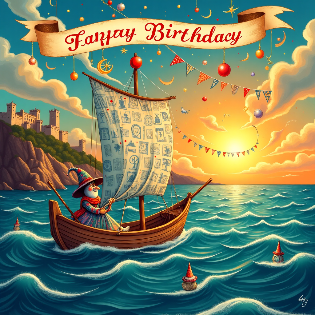 In the foreground of this surreal birthday card illustration, a charmingly quaint Portuguese fishing boat gently sails upon a swirling, dreamlike ocean. The boat's hull is painted with intricate azulejos patterns, reminiscent of Portugal's iconic blue and white tiles. Instead of typical sails, the boat boasts billowing fabric decorated with a patchwork of vivid birthday motifs—balloons, confetti, and tiny celebratory cakes. At the helm of the boat, a whimsical witch, inspired by Beatrix Potter's characterful creatures, steers the vessel with an oversized, twisted wand. Her pointed hat is adorned with dangling charms shaped like miniature compasses and globes, nodding to the theme of travel.

In the sky above, Maxfield Parrish-inspired clouds form fantastical shapes, subtly morphing into letters that spell "Rachel" in an elaborate calligraphy style, with "Happy Birthday" preceding it in delicate, cloud-borne script. The background features a scenic vista of Portugal's rugged coastline, where ancient castles and towering cliffs stand silhouetted against a fiery sunset. A line of festive pennant banners stretches across the sky from the boat to the shoreline, bearing symbols of the witches’ arcane celebrations—crescent moons, twinkling stars, and broomsticks that fly in unison.

The sea itself sparkles with Edward Gorey-esque hints of mystery, populated by peculiar sea creatures wearing tiny party hats, popping in and out of the water. In the distance, a golden sun casts a warm glow, its rays artistically forming into the whimsical shape of a compass rose, inviting Rachel on an enchanted journey. This scene, brimming with storytelling elements, combines the whimsical and the magical in an unforgettable birthday greeting card.
Generated with these themes: Portugal, witchy, travel, boat, celelbration .
Made with ❤️ by AI.