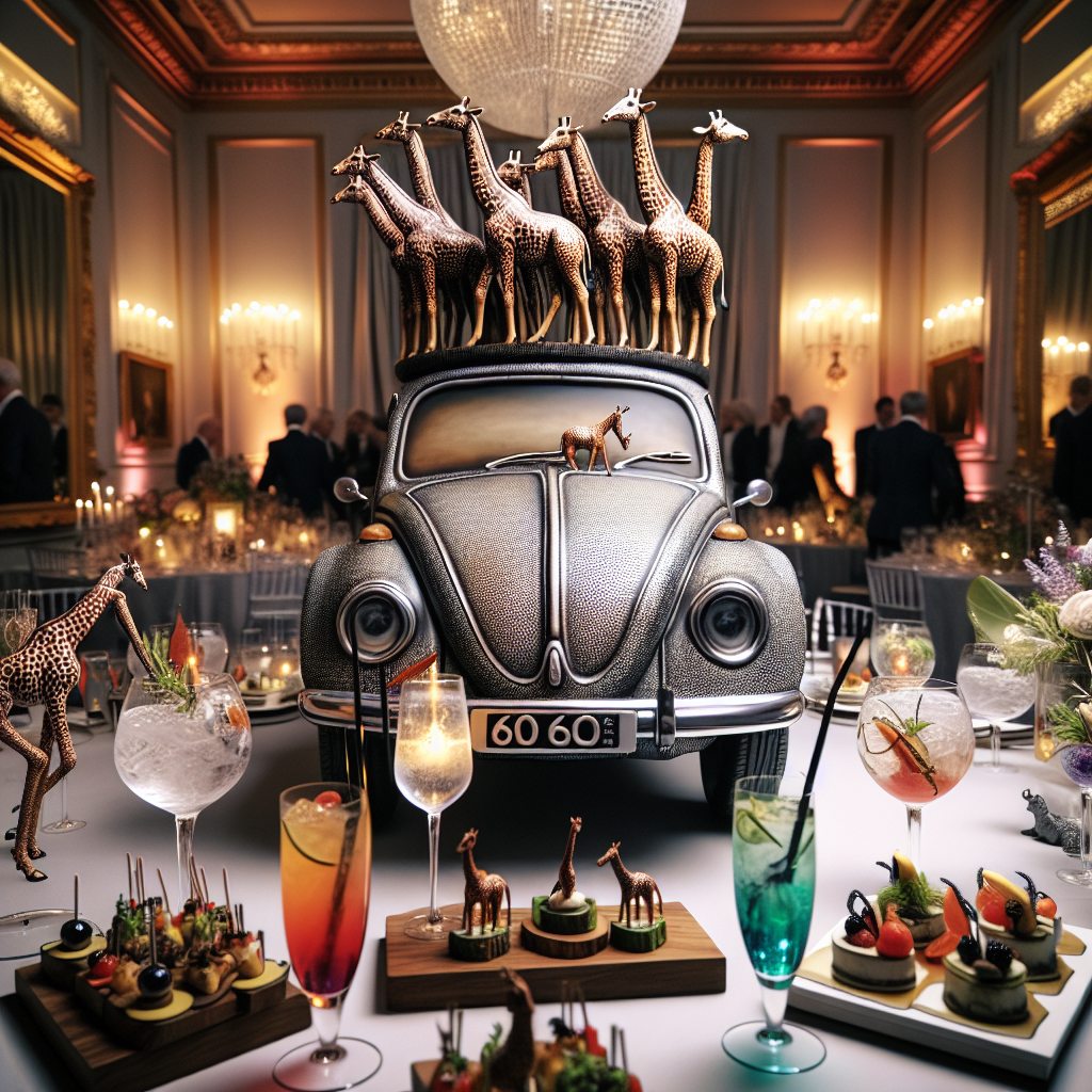 An elegant room houses a striking centerpiece; a meticulously carved figurine resembling a VW Beetle, adorned with miniature giraffes prancing on its surface. Scattered around the room are stylish cocktail glasses filled with vibrant mixtures and customized gin infusions, their glimmering reflections dancing under ambient lighting. A sumptuous spread of various appetizers occupies the tables, presenting gourmet delights that entice gastronomes to indulge. The room buzzes with the energy of a 60th birthday celebration, this significant number incorporated within the decor through skillfully arranged balloons and finely detailed icing on an exquisite birthday cake.
Generated with these themes: Vw beetle, Giraffes , Cocktails , 60, Food, and Gin.
Made with ❤️ by AI.