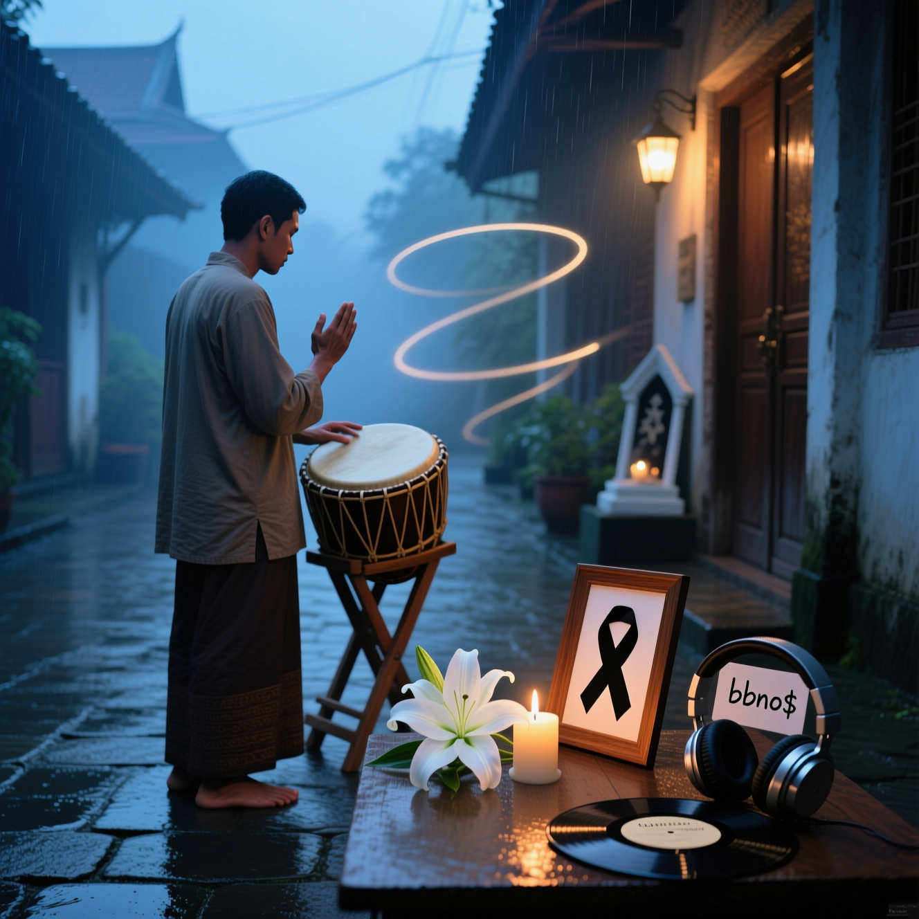 At the bottom of the Photorealistic picture taken from a camera image, I'm sorry for your loss

Ultra-high-definition 4K UHD photograph, vertical portrait orientation, blue-hour pre-dawn in a quiet Southeast Asian alley after a light rain; stone pavement softly reflecting ambient sky glow. Midground: a respectful figure seen from behind, modestly dressed, gently tapping a traditional wooden bedug drum on a simple stand—three subtle motion-blur arcs in the air suggest “Tung Tung Tung Sahur.” Their free hand is held in a calm, open-palmed “Khaby Lame mechanism” gesture, understatedly guiding the eye toward a small memorial vignette by a softly lit doorway. Foreground focus: a low table with a single white lily, a framed black ribbon, and one candle flickering; beside them, a pair of over-ear headphones resting on a vinyl sleeve with a small, unobtrusive handwritten label reading “bbno$” (tasteful, softly out of focus). Lighting: cool, serene ambient blue balanced by warm candlelight and a faint tungsten porch bulb; thin mist catching light for depth. Palette: muted slate blue, warm amber, soft ivory, dark wood grain; no harsh colors. Mood: sincere, quiet condolence; contemplative stillness. Composition: rule of thirds, memorial objects in crisp focus; figure and lantern bokeh softly blurred behind for rich depth of field. Camera: Canon EOS R5, 50mm prime at f/1.8, ISO 400, 1/60s; realistic lifelike textures—bedug wood grain, dew on petals, wax sheen—high dynamic range, natural filmic color grade. No faces visible, no logos or watermarks, minimal text beyond the caption and the small “bbno$” label.
Generated with these themes: Khaby Lame Mechanism, Tung Tung Tung Sahur, bbno$, and .
Made with ❤️ by AI.