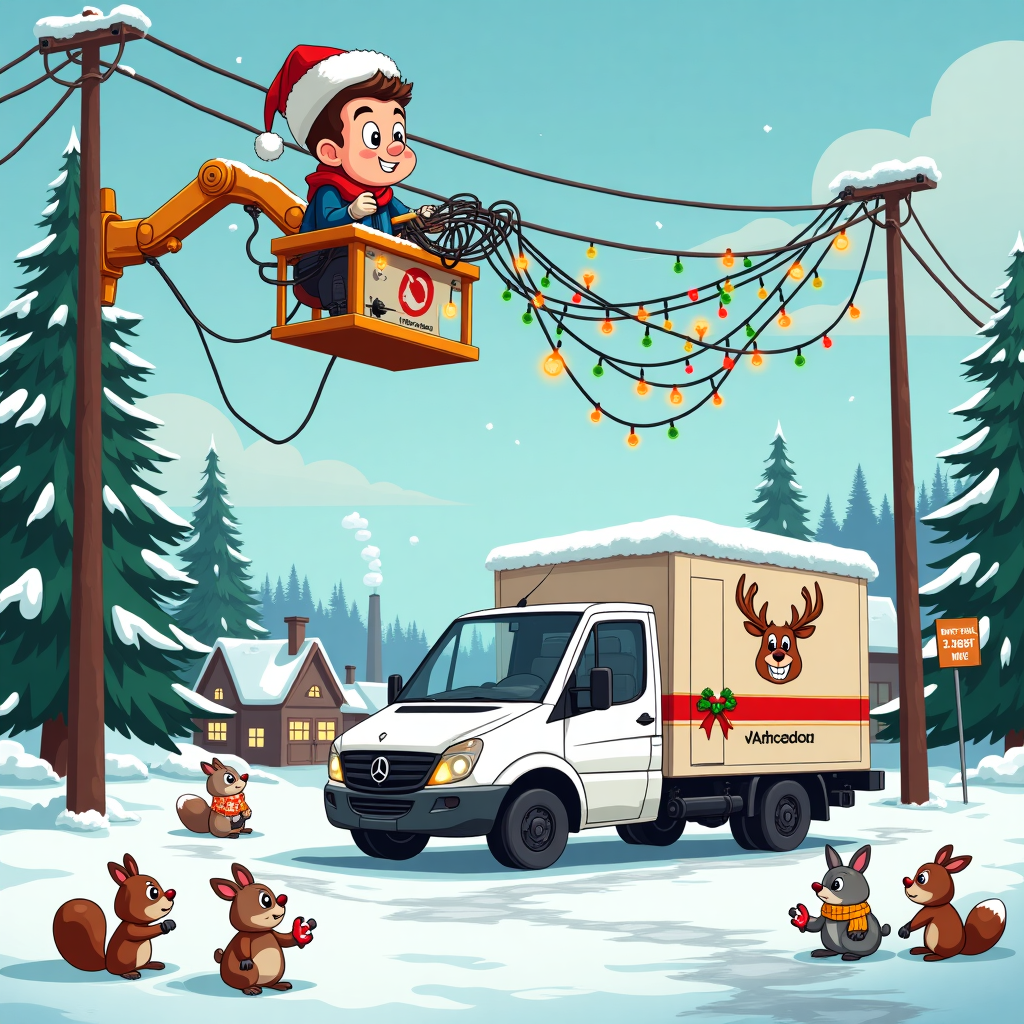 In the center of this snowy Christmas scene, a plucky cartoon engineer is depicted high above the ground on a Telecoms Cobra lift, with a Santa hat perched jauntily atop his head. The lift's mechanical arm stretches out like a curious snake, casting playful shadows across the icy road below. His hands are busily tinkering with a tangled mess of festive-colored wires hanging from a telephone pole, each wire strung with twinkling Christmas lights that blink in synchronization, like a makeshift light display.

Below him, a sturdy white van sits parked on the snow-dusted roadside. Its doors are adorned with a playful company logo: a cartoonish telephone with reindeer antlers and a red nose, reminiscent of a certain red-nosed reindeer. The van's tires have comically oversized snow chains, and it's wrapped with a whimsical red and green ribbon that gives it the appearance of a giant Christmas gift.

Scattered across the scene are a cast of mischievous woodland critters dressed in winter garb—squirrels wearing earmuffs, a raccoon in a knitted scarf, and a pair of rabbits with mittens on their ears—observing the engineer's antics with wide, expressive eyes. A few snowflakes lazily fall, each one drawn with intricate detail, and the whole setting is framed by towering pine trees laden with thick blankets of snow, their branches bowing slightly under the weight.

The background features a classic small-town vista: cozy, snow-covered rooftops with a plume of smoke curling from a distant chimney, suggesting a warm fire inside. A signpost at the roadside reads "North Pole - 3,287 miles," adding a humorous touch. The whole scene is vibrant and bustling, bursting with small details that capture the whimsy of Christmas and the playful spirit of cartoon storytelling.
Generated with these themes: white van with company logo with snowy road scene and telecoms cobra being used by engineer.
Made with ❤️ by AI.