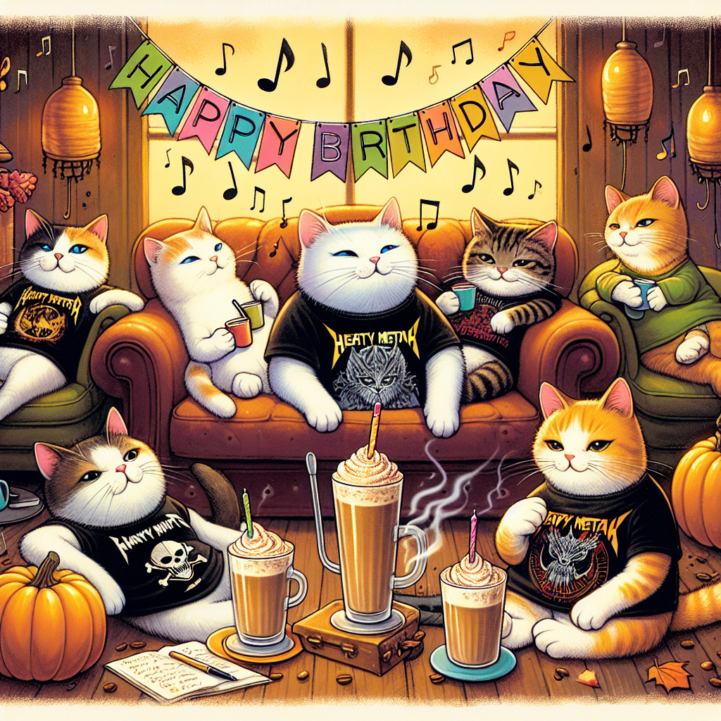 Create an image of a whimsical birthday greeting card. The card features a group of cats of various breeds lazily lounging in a warm, comfortable cafe. Each cat sips on a pumpkin spice latte, adding a note of autumn to the scene. Furthermore, each cat wears a tiny t-shirt, each featuring a heavy metal band design. Above the cats, a brightly colored birthday banner is strung, adding a festive touch to an otherwise relaxing atmosphere. Musical notes suggestive of a guitar riff float around the room, mingle with the sweet scent of freshly brewed coffee.
Generated with these themes: Pumpkin spice latte, Coffee, Cats, and Heavy metal music .
Made with ❤️ by AI.