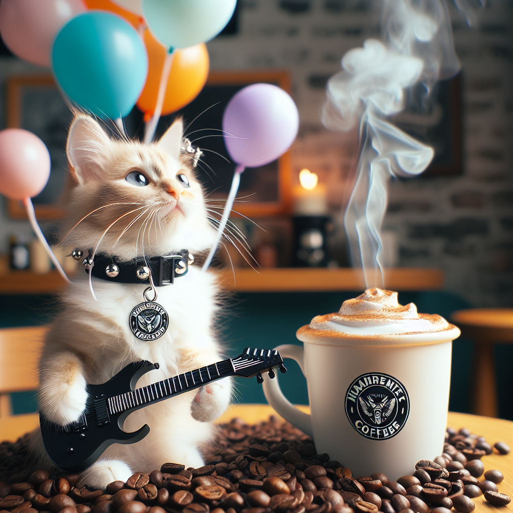 Imagine a heartwarming birthday setting featuring an adorable cat wearing a collar with the logo of an imaginary heavy metal band. The cat is playing with a miniaturized guitar amid a lively chaos of coffee beans, suggesting an impromptu playful disruption. Nearby, a steaming pumpkin spice latte, with its aromatic vapors ascending, completes the picture of a cozy indoor celebration. Balloons floating in pastel hues add a festive charm to the scene, and the ambiance is heightened by the subtle audio cue of an unspecified heavy metal music playing softly in the background.
Generated with these themes: Pumpkin spice latte, Coffee, Cats, and Heavy metal music .
Made with ❤️ by AI.