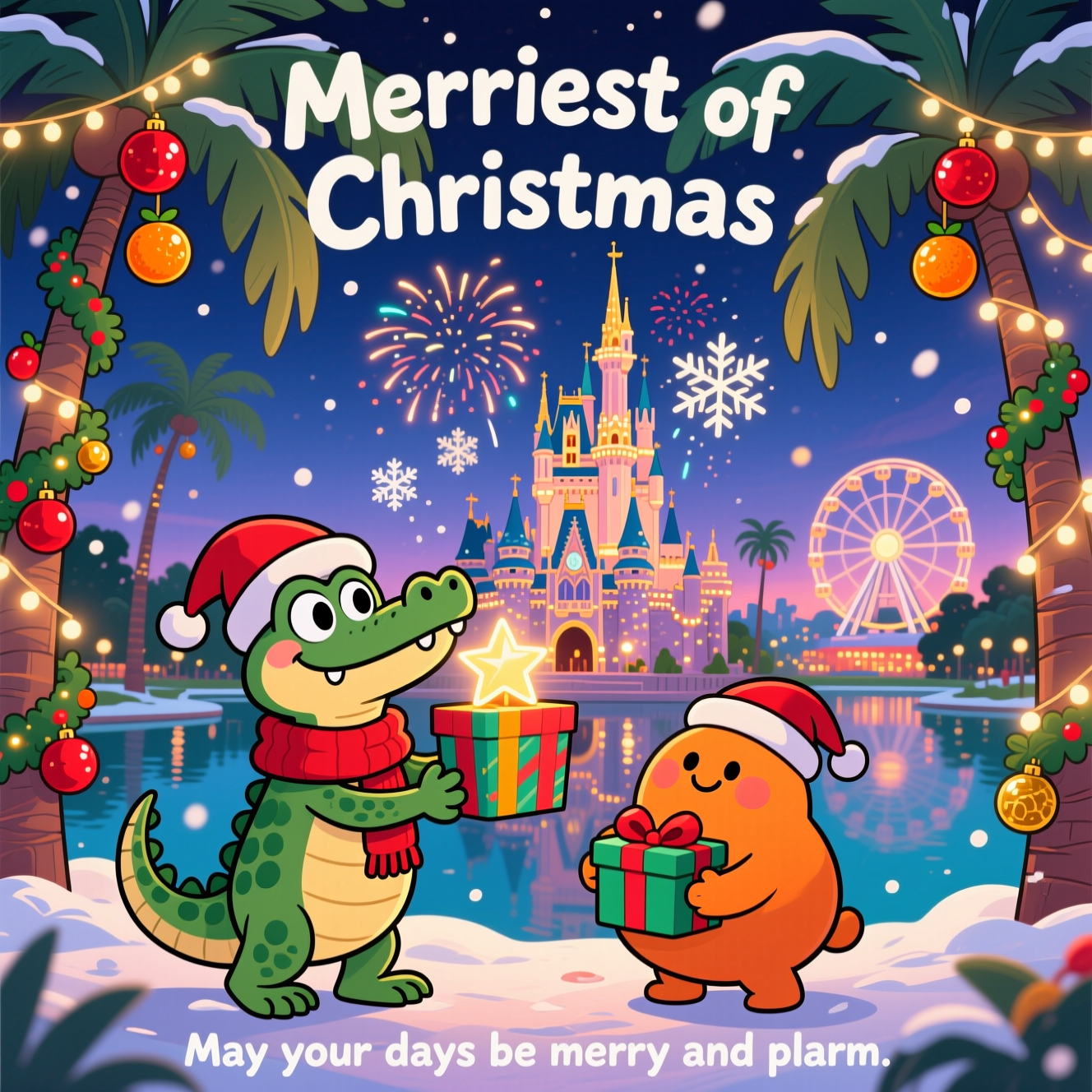 At the top of the Cartoon Style image, Merriest of Christmases

Vertical, full-bleed cartoon scene with a sincere, heartwarming holiday mood and playful energy. In twilight Orlando, tall palm trees are wrapped in twinkling lights and garlands, their fronds hung with shiny red-and-gold ornaments (some shaped like little oranges). Center midground: a sparkling fairytale castle inspired by Orlando’s famous theme parks, decked in warm holiday lights, with gentle snowflake-shaped fireworks blooming above it. Foreground characters in whimsical, exaggerated proportions with thick inked outlines and bright, saturated colors: a friendly, big-eyed cartoon alligator in a cozy red scarf and Santa hat, balancing on a wrapped gift to place a glowing star atop a palm; beside it, a plump, smiling orange character with a tiny Santa hat, hugging a present and looking up in wonder. Soft, magical sparkles drift through the scene like snow, and a calm lagoon reflects the castle and palms. Include a distant hint of an illuminated observation wheel on the horizon to anchor Orlando. Palette: tropical teals, candy reds, emerald greens, sunshine golds, and indigo night sky. Lighting is warm and sincere, with gentle glows and subtle bokeh. Maintain playful cartoon styling: thick outlines, bold shapes, and energetic yet tender poses. No logos or specific branded characters.

Title styling: hand-lettered, bold, snowy-white letters with a gentle gold glow and slight drop shadow, cleanly legible against the sky.

At the bottom of the image, small caption: May your days be merry and palm.
Generated with these themes: Palm trees, Disney, Orlando, and .
Made with ❤️ by AI.