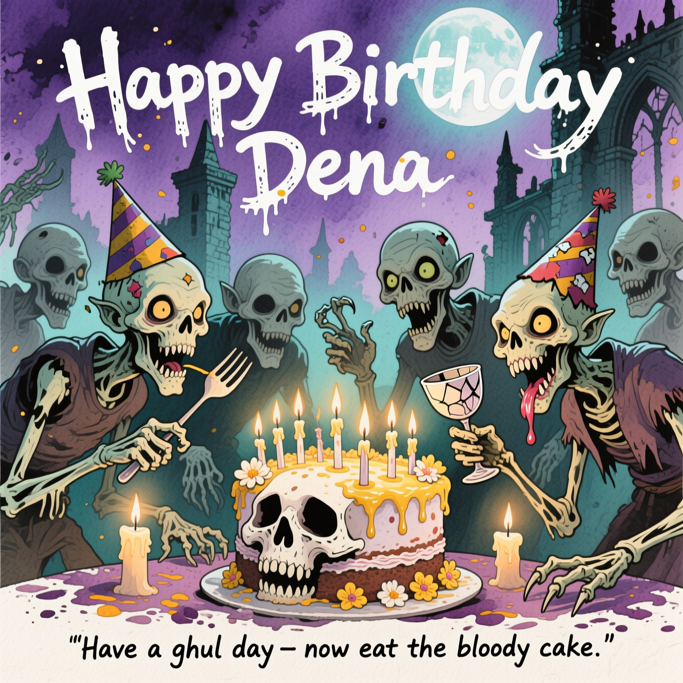 At the top of the Watercolor Style image, "Happy Birthday Dena" hand-lettered in jagged, bone-white strokes with subtle watercolor bleeds.

A soft, moody watercolor scene of Warhammer ghouls throwing a grimdark birthday bash: a hunched pack of gaunt, pallid ghouls crowd around a lopsided skull-shaped cake bristling with crooked candles, wax dribbling in buttery blooms. They wear torn, ridiculous party hats; one gnaws a femur like a fork, another clutches a cracked goblet, and a third leers over the cake, drooling with comic menace. Gothic ruins and a sickly moon wash the background in bruised purples and cold teal; warm candle-gold splashes across their bony faces. Employ soft watercolor washes with delicate gradients, wet-on-wet edges, subtle pigment blooms, and visible natural paper texture; keep lines loose and splattery, with crisp accents only on eyes, teeth, and claws. Palette: pallid greens, ashen grays, bruised violet, candle amber. Make it cheeky, darkly funny, tastefully grotesque (no heavy gore), image-dominant with airy negative space around the title.

At the bottom, in a small, messy ink caption: "Have a ghoul day—now eat the bloody cake."
Generated with these themes: Warhammer Ghouls , and .
Made with ❤️ by AI.