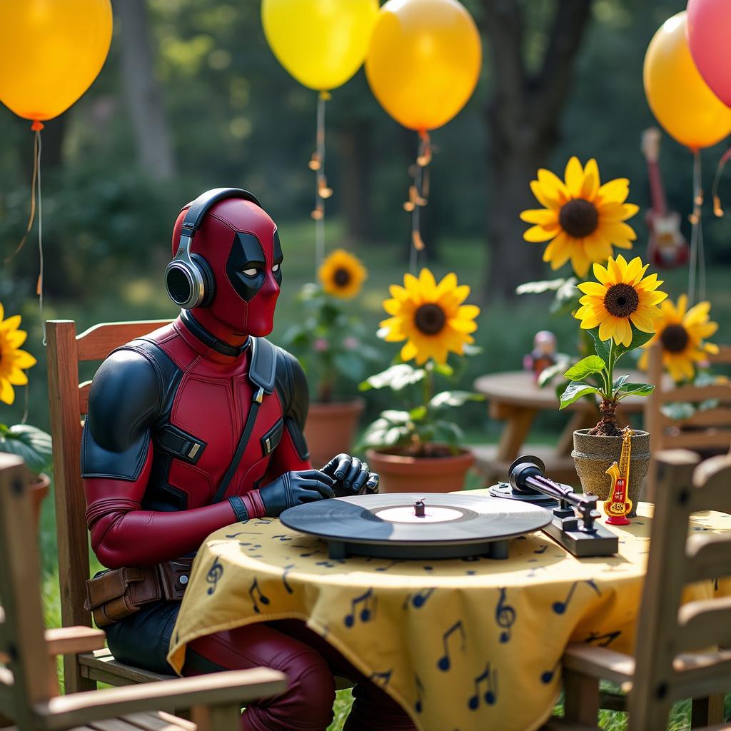 Deadpool, Flowers, and Music Birthday Card
