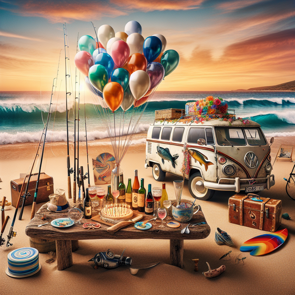 Imagine a surrealistic birthday scene by the shoreline. Picture a vibrant beach where waves form perfect curls for surfers seeming like a haven for beach lovers. A travel van from the 1960s, adorned with balloons and streamers, is parked on the sand. The decoration encapsulates a nostalgic aura of the swinging '60s, a reminiscent of the time appreciated by the person celebrating the birthday. In addition, fishing rods and tackle boxes lie around hinting at an adventure, while a fine variety of wines are set out on a driftwood-made bar, with glasses ready for a toast, celebrating yet another lap around the sun.
Generated with these themes: Surf, 60, Travelling, Fishing, and Wine.
Made with ❤️ by AI.