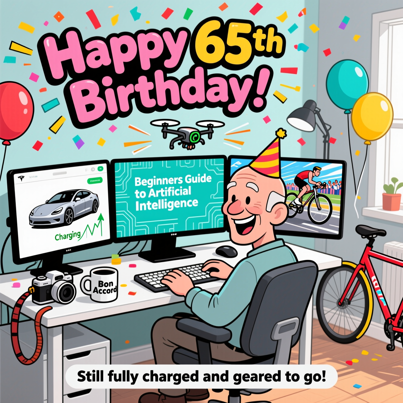 At the top of the Cartoon Style image, "Happy 65th Birthday" in big, bold, playful bubble lettering with thick outlines and a burst of confetti.

Playful, bright, saturated cartoon scene with thick black outlines and exaggerated proportions: A completely bald, 65-year-old modern-looking man (zero hair anywhere, even at the back of his head) sits at a sleek desk, grinning, wearing a small skewed party hat for humor. He’s posed energetically in a comfy desk chair, hands near a keyboard, surrounded by lively motion lines.

Three wide monitors arc in front of him:
- Left monitor: a silver-grey Tesla car on a clean dashboard UI; directly under the car the word "Charging" and a simple upward-trending line graph.
- Center monitor: a big title screen that reads "Beginners Guide to Artificial Intelligence" over a simple circuit-pattern background.
- Right monitor: a dynamic cyclist mid-race with motion streaks and a hint of a cheering crowd.

On the desk: a camera with a strap, a white coffee mug prominently printed in bold black letters "Bon Accord", mouse and keyboard. A compact quadcopter drone buzzes playfully above the desk with whirring propeller motion lines. In the room, a full-size road bicycle leans against the wall, stylized with bright accents.

Background: cheerful, modern home-office vibes with pops of color; balloons and tiny confetti bits add birthday energy. Lighting bright and upbeat; color palette vivid and punchy (turquoise, sunny yellow, cherry red, silver greys). Composition centered on the man and the three monitors, with thick outlines, whimsical details, and a fun, energetic pose.

At the bottom, a small cheeky caption in a clean banner: "Still fully charged and geared to go!"
Generated with these themes: Drone, camera, computer, 3 monitors, smart watch Bike, and .
Made with ❤️ by AI.