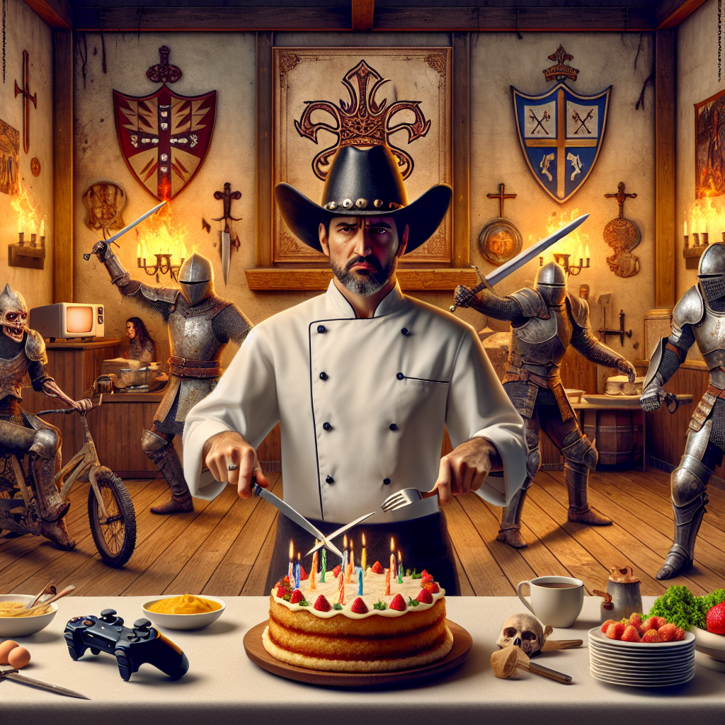 Create a fascinating birthday illustration. Picture a scene in the heart of a medieval-style castle kitchen. The walls are adorned with crossed swords and shields flaunting the emblem of a fictional empire. A cowboy chef, male and Hispanic, takes center stage, preparing a meal that hints at modern gastronomy. Nearby, a setup imitating a popular medieval-themed video game's epic battle is placed, with generic game controllers in sight. In the corners, characters who look eerily similar to members of a zombie apocalypse enact a scene with knights clad in armor. Middle-Eastern female jester, orchestrates surreal theatrics in the foreground on a squash court.
Generated with these themes: Arsenal, My cooking, Cowboys, Xbox, Medieval , Roman empire, The walking dead, Game of thrones, and Squash.
Made with ❤️ by AI.