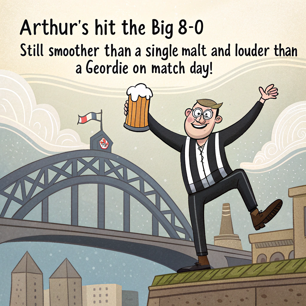 At the top of the image, "Arthur's hit the big 8-0—still smoother than a Single Malt and louder than a Geordie on match day!"

- In the center of the cartoon-style image, depict a jubilant Arthur standing atop the Tyne Bridge like a birthday superhero, wearing a black-and-white striped Newcastle United kit, holding a frothy pint of Newcastle Brown Ale in one hand and a giant birthday candle in the other (shaped like the number 80).

- Behind him, cartoon versions of Whitley Bay’s Spanish City, St. Mary’s Lighthouse, and Tynemouth Abbey poke up like a proud skyline. Spanish City has rollercoaster tracks circling it like a hat, with little puffins riding them. A flock of toon-loving seagulls (some wearing black and white scarves) trail a birthday banner across the sky that reads "Whey Aye, 80 Today!"

- One cheeky puffin is trying to nab a dram of Arthur's whisky from the top of the lighthouse, while another holds a party blower between its beak.

- At the bottom of the image, in bold fun font:  
  “You might be 80, Arthur… but in Newcastle years, you’ve still got room for extra pints and more toon tales!”
Generated with these themes: Newcastle, Newcastle Brown Ale, Whitley Bay, Tynemouth, 80, Single Malt Whisky, Newcastle United Football Club, Tyne Bridge, St. Mary's Lighthouse, Tynemouth Abbey, and Spanish City.
Made with ❤️ by AI.