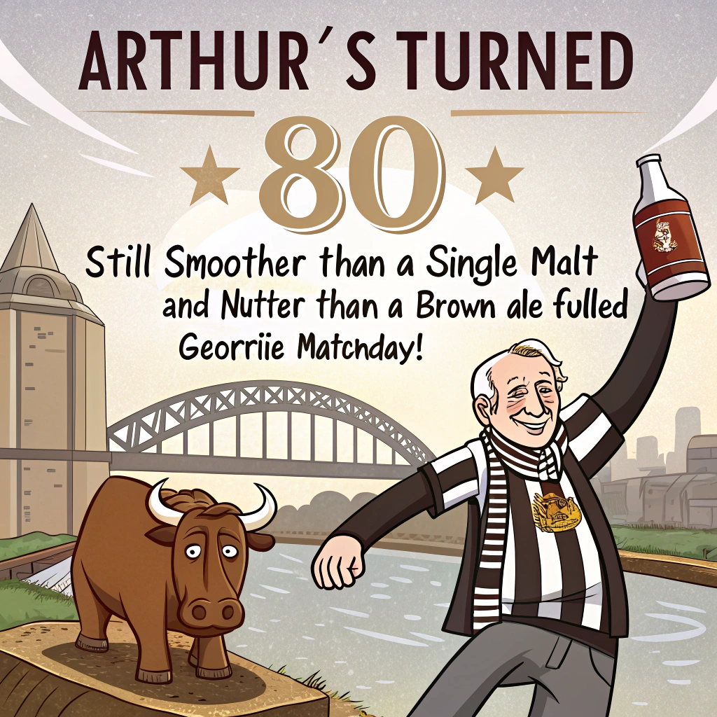 At the top of the image, "Arthur’s turned 80 — still smoother than a single malt and nuttier than a Brown Ale-fueled Geordie matchday!"

– The cartoon shows Arthur (in a Newcastle United jersey, with a scarf that says "Toon 'Til I Die") triumphantly riding a giant bottle of Newcastle Brown Ale like a rodeo bull over the Tyne Bridge.

– Below, the Tyne Bridge arches across the scene, flanked by iconic North East landmarks: the towering St. Mary’s Lighthouse glowing with candles, the ancient ruins of Tynemouth Abbey with pigeons wearing party hats, Spanish City in the distance bouncing with birthday balloons, and a Whitley Bay beach shack serving “Free Single Malts for Over-80s!”

– Spectators along the riverbanks cheer Arthur on — some raising their whisky tumblers, some spilling chips with excitement. A cheeky seagull yells “Howay the Arthur!”

– The whole image brims with birthday mayhem, coastal charm, and good Geordie cheer.
Generated with these themes: Newcastle, Newcastle Brown Ale, Whitley Bay, Tynemouth, 80, Single Malt Whisky, Newcastle United Football Club, Tyne Bridge, St. Mary's Lighthouse, Tynemouth Abbey, and Spanish City.
Made with ❤️ by AI.