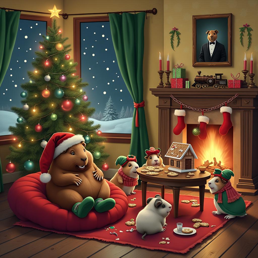 On Christmas Eve, a cozy and whimsical living room comes to life. At its heart stands a large, beautifully decorated Christmas tree, adorned with colorful lights, ornaments, and shimmering tinsel. Relaxing beneath the tree is a plump Capybara, sporting a red Santa hat and green elf shoes, lounging comfortably on a soft, oversized cushion. Around the Capybara are several adorable Guinea pigs, each dressed in festive outfits—some wear reindeer antlers, while others are adorned with elf hats and scarves. They are diligently decorating a small gingerbread house placed on a low table, their little paws covered in icing and cookie crumbs, creating a delightful mess. Above the roaring fireplace, stockings hang with care, each lovingly labeled with names like 'Cappy,' 'Ginger,' and 'Pip.' A plate of cookies, with a glass of milk beside it, sits on a side table, partially devoured by one of the curious Guinea pigs. The warm, vintage wallpaper reminiscent of the 1950s adds an extra touch of nostalgic charm. The room glows softly from the fireplace, where a yule log crackles merrily, casting flickering shadows. The floor is strewn with wrapped presents and crinkled wrapping paper, enhancing the festive atmosphere. In the background, a whimsical portrait of a distinguished Capybara in a tuxedo hangs above the fireplace, infusing the scene with humor. Playful details abound, including a toy train circling the base of the tree and mistletoe dangling in the doorway. Outside the window, snow gently falls, and a silhouette of a snowman stands in the yard, completing this enchanting holiday tableau.

Summary: This delightful scene captures a whimsical Christmas celebration with Capybaras, Guinea pigs, and plenty of cookies.  
Generated with these themes: Capybaras, Guinea pigs, and Cookies.  
Made with ❤️ by AI.  