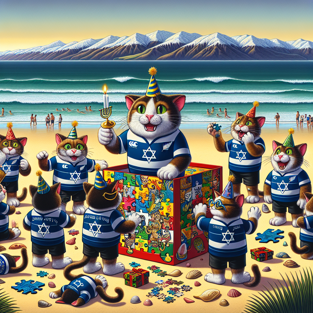 An animated beach scene in New Zealand, with the horizon highlighting the region's distinctive mountain ranges. A group of cartoon male cats, identifiable as Jewish by the Star of David on their party hats and yarmulkes on their heads, are gathered around a vivid, giant puzzle. The puzzle, unfinished, blends traditional Jewish symbols with elements of Kiwi culture, suggesting a unique Jewish Kiwi fusion. The central character is a notably large male cat, with a party horn in its mouth and a crown-like kippah on its head. He is in the process of unwrapping a gift box containing a puzzle. Each cat is distinct, with different markings or clothing, such as rugby jerseys with menorah patches. The sandy beach is sprinkled with seashells and clumps of beach grass. A surfboard, embellished with menorah and fern patterns, stands upright in the sand, representing the blend of cultures.
Generated with these themes: Boy cats, Jewish, New Zealand , and Puzzle .
Made with ❤️ by AI.