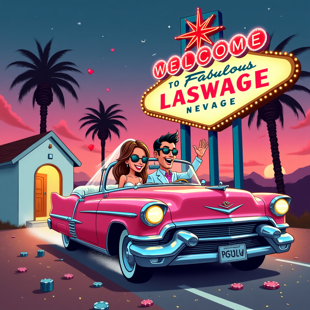 Konstantin & Kirsty cruise off from a little white Las Vegas chapel in a shiny Elvis-pink Cadillac, They are driving away from a little white chapel in Las Vegas, which has  Elvis Presley with  sign "Viva Las Marriage", Instead of the “Welcome to Las Vegas” sign, please show the words: “Happy First Wedding Anniversary” in the same style, Add “Konstantin & Kirsty” in one line, glowing like neon lights., and Anniversary Card