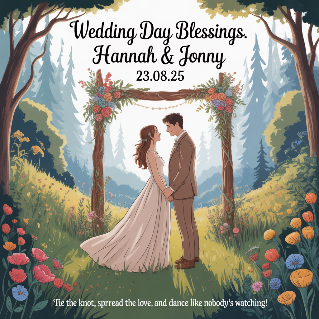 At the top of the image, "Wedding Day Blessings. Hannah & Jonny. 23.08.25":

Add at the bottom of the image, "Tie the knot, spread the love, and dance like nobody's watching!"

- Illustrate a whimsical bohemian scene in the center of the image featuring Hannah and Jonny in a lush, enchanted forest. They're standing beneath a rustic, hand-woven floral arch, surrounded by a colorful tapestry of wildflowers. Ethereal sunlight filters through the trees, casting a magical glow. Hannah's flowing gown and Jonny's laid-back suit give a relaxed, yet elegant vibe. A gentle breeze seems to whisper blessings as they gaze lovingly into each other's eyes.
Generated with these themes: Spiritual, bohemian, and .
Made with ❤️ by AI.