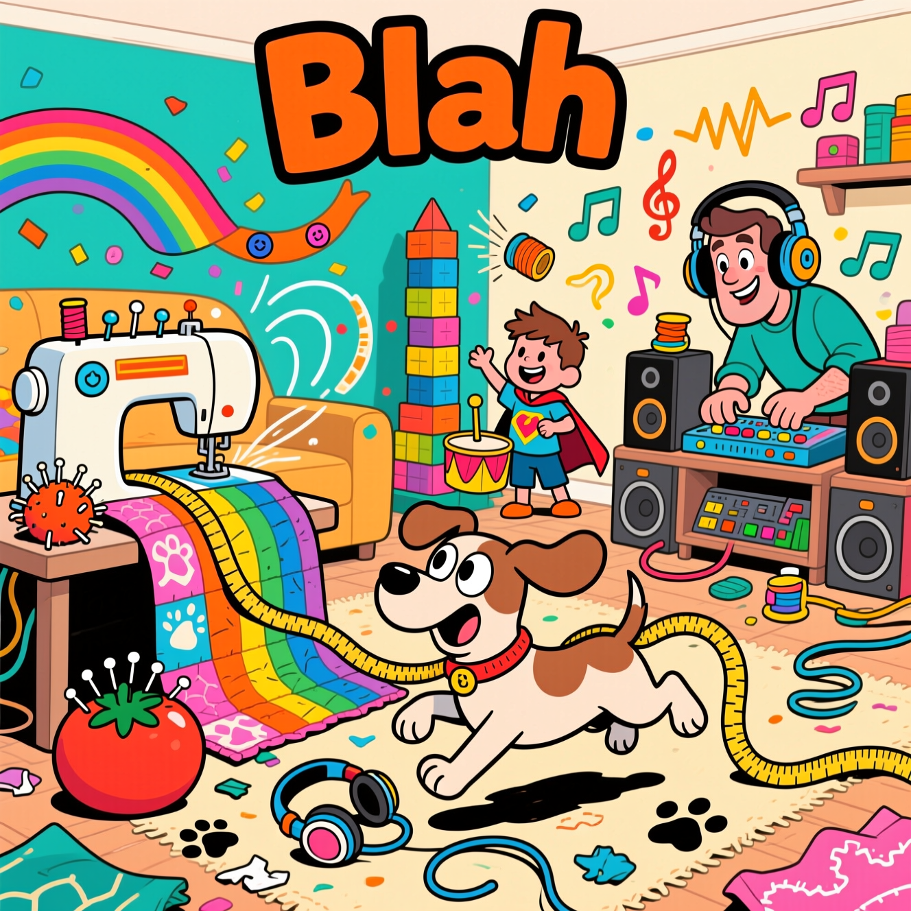 At the top of the Cartoon Style image, "Blah"

At the bottom of the Cartoon Style image, "Congrats—you nailed it: sew, play, woof, and woofer!"

- Playful, high-energy cartoon scene in a bright, cozy living room/craft corner. Exaggerated proportions, thick black outlines, and saturated colors (teal, tangerine, fuchsia, lemon, electric blue).
- Center-left: a whirring, oversized sewing machine stitching a swirling rainbow patchwork quilt that loops through the scene like a ribbon. Buttons pop like confetti; thread arcs create motion lines; a giant tomato pincushion bristles cheerfully with pins.
- Foreground: a goofy dog mid-bounce, tangled in a measuring tape and a stray headphone cable, tail accidentally pressing the sewing machine foot pedal. Big expressive eyes, flapping ears, and pawprints trailing through fabric scraps.
- Right side: the husband into audio with comically huge studio headphones, happily tweaking a colorful mini-mixer and stacked speakers. Musical notes and sound-wave squiggles float around; cables coil and swoop with cartoon swooshes.
- Background: the son playing—grinning kid in a tiny superhero cape, building a block tower and drumming a toy with the beat, reaching to catch a rolling bobbin the dog just launched. Dynamic, bouncy pose.
- The quilt’s flowing path visually ties everyone together, with playful patterns (paw prints, tiny music notes, and stitching motifs) but no extra text.
- Typography: headline and punchline in bold, hand-lettered bubble style with a bright drop shadow for readability; ample space so the text stands out.
- Overall vibe: funny, celebratory, and slightly chaotic in the best way—sewing, dog shenanigans, son’s playtime, and husband’s audio obsession all in joyful harmony. Portrait orientation, clean background details so characters and text pop.
Generated with these themes: Sewing, Dog, Son playing, Husband into audio, and .
Made with ❤️ by AI.