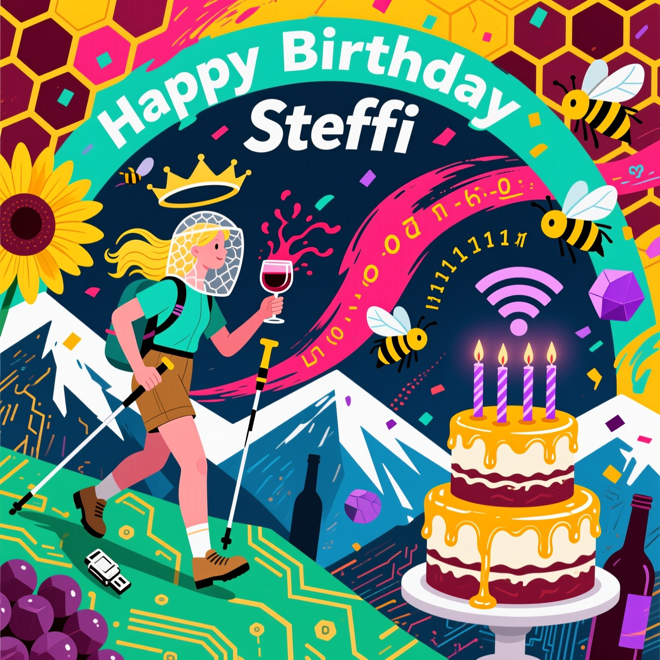 At the top of the Abstract Style image, Happy Birthday Steffi

A bold abstract celebration bursting with high-contrast color and motion: electric teal, hot magenta, sunflower yellow, deep burgundy, midnight blue, and crisp white. Geometric honeycomb hexagons arc like a crown, while fluid brush-stroke curves slash across the canvas.

Center-left: a stylized blonde woman hiker, rendered with golden paint-stroke hair and a minimal, abstract face. She strides up a mountain made of PCB-green triangles with gold circuit-trace paths; her trekking poles are sleek USB/HDMI cables. A translucent honeycomb beekeeper veil floats around her head like a geometric halo. In one hand she lifts a glass of swirling burgundy wine whose splash unfurls into curly-brace shapes and streams of 1s, 0s, and hex digits (A–F).

Right side: a whimsical server-stack “cake” with dripping honey-glaze, topped by thin USB-stick candles glowing purple. Polygonal bees buzz throughout, their wings forming Wi‑Fi icon arcs; their flight trails sketch witty vector squiggles and binary confetti. Grapelike circles and bottle silhouettes dissolve into abstract forms and brushy textures, merging with the mountainous circuit-scape and honeycomb grid.

Typography: “Happy Birthday Steffi” in bold, playful lettering integrated into the top honeycomb arch, high-contrast and crisp for legibility, with a subtle shadow. Add a tiny, cheeky caption near the bottom: Bee • Byte • Hike • Sip • Repeat.

Overall mood: modern, dynamic, funny, and celebratory—an energetic mash-up of IT, beekeeping, hiking, and wine in a vibrant abstract composition.
Generated with these themes: Please create a birthday  IT,  beekeeping, hiking, wine. if a person is shown then it should be a blonde woman  , and .
Made with ❤️ by AI.