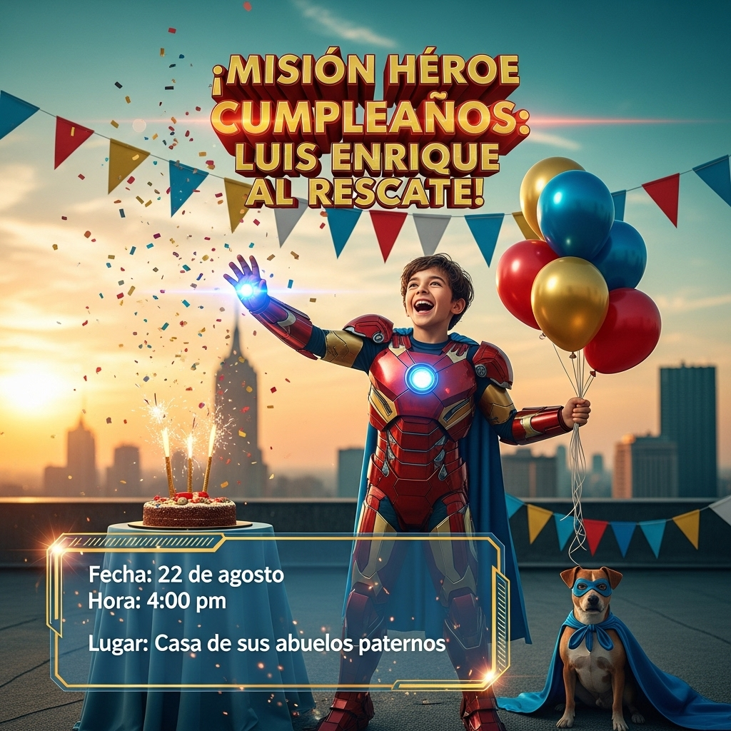 At the top of the Photorealistic picture taken from a camera image, ¡Misión Héroe Cumpleaños: Luis Enrique al Rescate!

Invitación infantil con temática de superhéroes; estilo cinematográfico inspirado en Iron Man y los Vengadores (sin logos). Ultra‑high‑definition 4K UHD photograph, accurate lighting, lifelike textures, rich depth of field. Escena al atardecer sobre la azotea de una ciudad: cielo épico iluminado con rayos de sol, destellos de energía y lens flares suaves. Paleta vibrante con rojos y dorados metálicos y azul eléctrico. En el centro, un niño de 7–9 años riéndose, con traje brillante rojo‑dorado tipo armadura tecnológica, pecho con luz azul reactor, casco un poco grande y ladeado (detalle gracioso); brazo extendido con luz azul en la palma, en la otra mano un ramo de globos metálicos rojo, dorado y azul. A su lado, un perrito con mini capa azul posando heroicamente. Confeti en el aire, chispitas seguras de bengala alrededor de un pastel con toques tecnológicos, banderines metálicos; fondo de rascacielos en bokeh, ligera neblina y partículas brillantes para un look cinematográfico. Shot on full‑frame camera, 35mm lens, f/2.8, shallow depth of field; HDR natural, color grade teal & gold; reflejos realistas en superficies metálicas, piel y telas.

Tipografía y colocación (integradas en la escena, legibles, sin logos):
- Título grande, creativo y heroico en 3D rojo/dorado/azul con brillo suave en la parte superior: “¡Misión Héroe Cumpleaños: Luis Enrique al Rescate!”
- Zona media‑inferior, sobre un panel HUD semitransparente azul con bordes dorados y pequeñas chispas:
  📅 Fecha: 22 de agosto
  ⏰ Hora: 4:00 pm
  📍 Lugar: Casa de sus abuelos paternos
- En la parte inferior, una sola línea divertida en tipografía juguetona con un pequeño rayo: “Modo héroe activado: ¡trae tu super‑risa y tu mejor pose!”

Composición con espacio negativo en el cielo para que el texto destaque; estilo vibrante, realista y festivo; humor ligero y expresiones alegres. Sin marcas de agua, sin logotipos.
Generated with these themes: *"Tarjeta de invitación infantil para un cumpleaños con temática de superhéroes. Diseño alegre, colorido y estilo cinematográfico inspirado en Iron Man y los Vengadores. Fondo épico con cielo iluminado, globos, destellos de energía y detalles en rojo, dorado y azul metálico. El título grande y creativo debe decir: ‘¡Misión Héroe Cumpleaños: Luis Enrique al Rescate!’ con tipografía heroica y divertida. El texto principal debe invitar a sus amigos e incluir: 📅 Fecha: 22 de agosto ⏰ Hora: 4:00 pm 📍 Lugar: Casa de sus abuelos paternos  Estilo vibrante, realista y festivo, ideal para niños, con espacio para que resalten los detalles de la fiesta."*, and .
Made with ❤️ by AI.