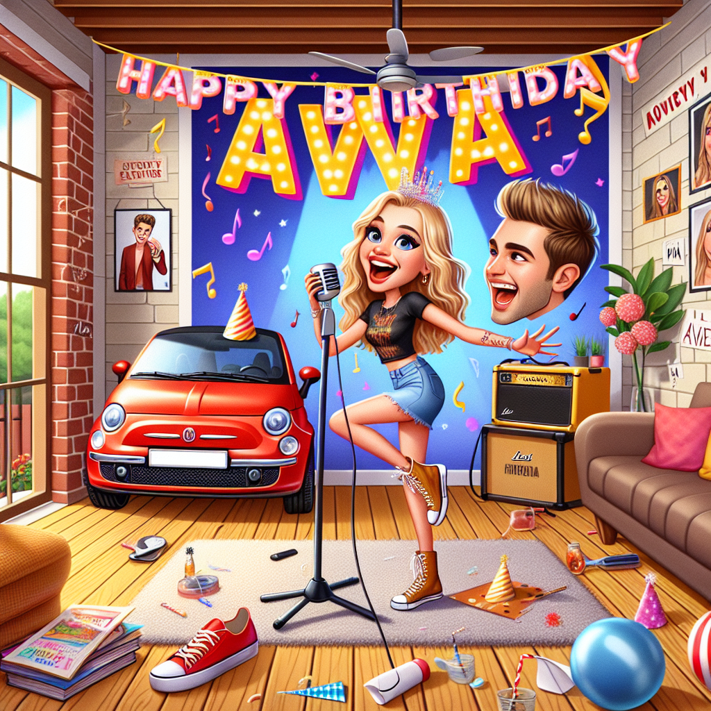 Envision a humorous cartoon setting inside a warm and friendly college apartment, transformed for a whimsical birthday celebration. In the center of the scene, there's a dynamic depiction of a 19-year-old blonde girl of Caucasian descent, demonstrating the excitement of a musical theater performer, holding a microphone and wearing a radiant smile. The background displays a 'Happy Birthday Ava' sign in vibrant, playful fonts, with quirky drawings of a handsome pop singer cheering her on, representing her passion for pop music. Around the apartment, humorous elements of university life are randomly thrown, from textbooks to party hats. Outside the window, a red Fiat 500 is humorously parked, suggesting more adventures waiting in her coming-of-age journey.
Generated with these themes: 19 year old blonde haired girl singer doing musical theatre on a stage in a student flat, Happy Birthday Ava sign, Harry Styles, University, and Red fiat 500.
Made with ❤️ by AI.