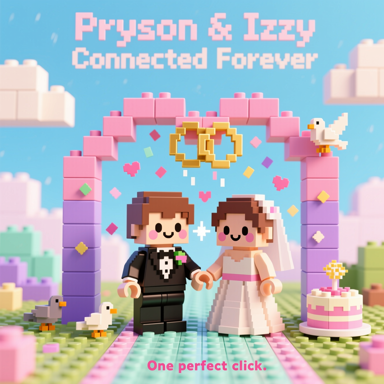 At the top of the Pixel Art Style image, Bryson & Izzy Connected Forever

Create a cute 8-bit pixel art wedding scene in a LEGO-style brick world. Center composition: two adorable blocky minifig characters holding hands, their studded hands “clicking” together with a tiny sparkle. One wears a tuxedo, one a flowing gown, both with big smiling pixel eyes and rosy cheeks. They stand beneath a heart-shaped brick arch, with two interlocking gold brick rings floating above them. Pixel confetti (tiny hearts and studs) rains down. A small brick wedding cake sits to the side; doves made of tiny bricks perch on the arch. Background: pastel sky with chunky square clouds; foreground: a studded tile aisle in soft mint and blush. Use a vibrant, limited palette (bubblegum pinks, sky blues, mint, lavender, warm cream, pops of gold), thick outlines, minimal shading with gentle dithering, and clean, chunky square pixels (no anti-aliasing). Render the top text in a blocky pixel font that looks like stacked toy bricks, keeping it cute and compact so the image stays dominant. At the bottom in tiny pixel letters, add: One perfect click.
Generated with these themes: Lego, and .
Made with ❤️ by AI.