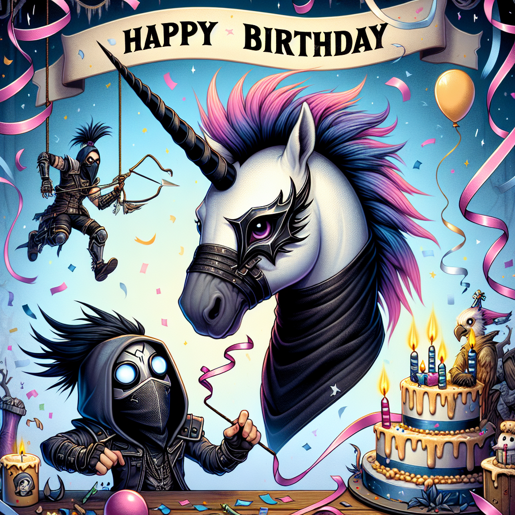 An enchanting birthday illustration in a whimsical realm, filled with an amusing blend of characters and themes. In the middle, a unicorn with a name Korn shows off a punk-rock mane styled to resemble the ears of a masked vigilante, complemented by a dark, emo-inspired eye mask. A humanoid character swings into the scene, shooting out a silk-like substance that intertwines with the streamers, adding a playful touch to the entire design. Hidden in the background, an unnamed hunter from a fantasy world stands ready with a birthday hat, his cloak introducing an air of mystique to the celebrations.
Generated with these themes: Korn, Batman, Emo, Punk, Spiderman, and Hunter from The owl House.
Made with ❤️ by AI.