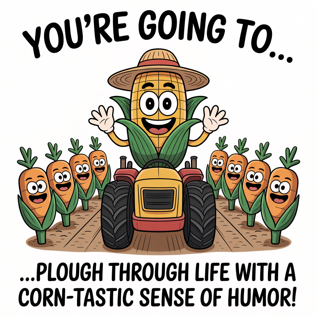 At the top of the image, "You're going to..."

At the bottom of the image, "...plough through life with a corn-tastic sense of humor!"

- In the center of the image, illustrate a cheerful cartoon corn cob with a wide grin, wearing a straw hat, and driving a tractor through a field of giggling crops. The crops, like ears of corn and happy carrots, are playfully waving and smiling at the tractor's driver.
Generated with these themes: Farmfoods, and .
Made with ❤️ by AI.