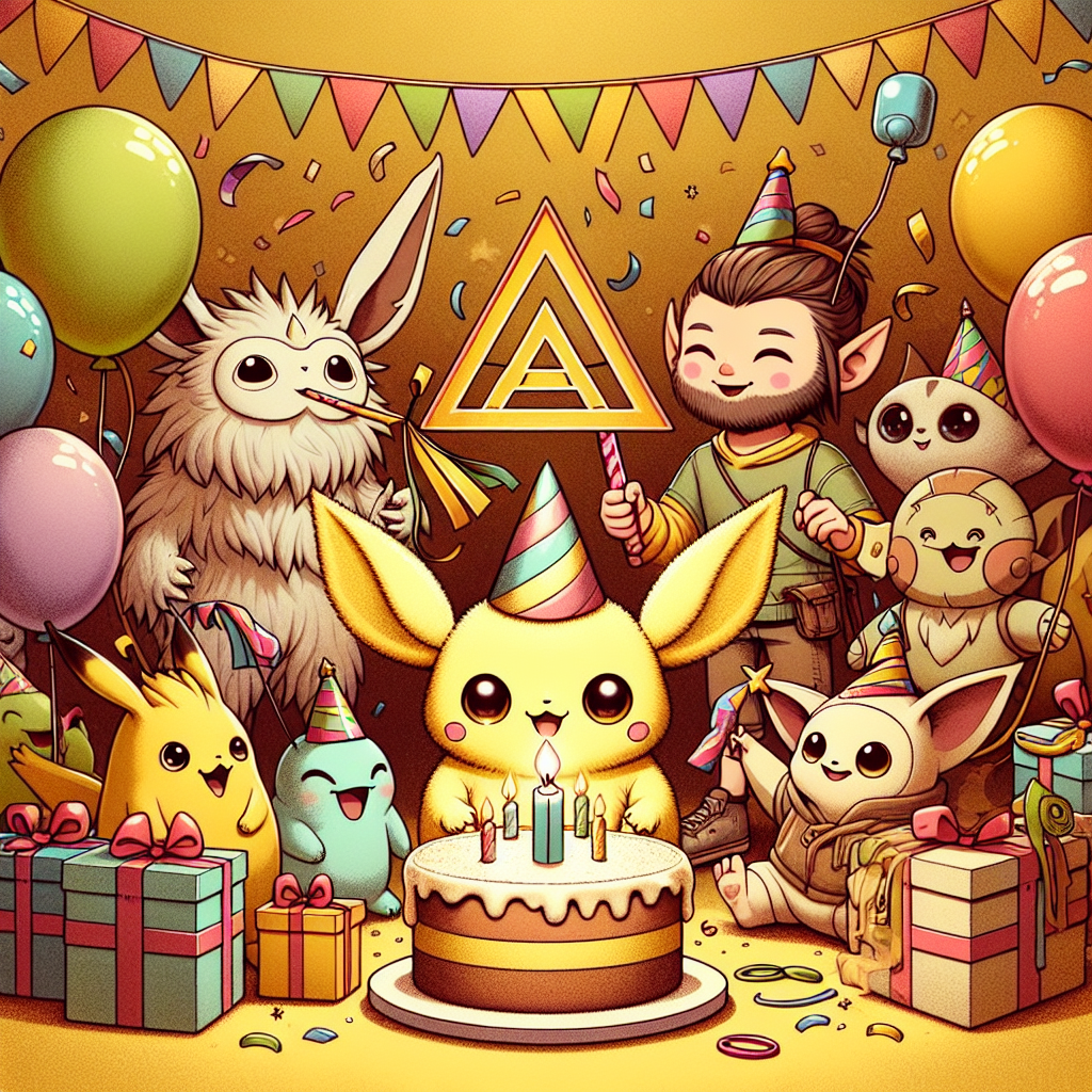 Imagine a fun-filled birthday celebration. In the center, there's a small, chubby, yellow electric creature with pointy ears wearing a party hat and holding streamers. Next to it, there's a young adventurer with an elf-like appearance, blowing a noisemaker. A multitude of charming, humanlike animals with a variety of different appearances surround them, holding balloons and uniquely wrapped gifts. A beautiful birthday cake producing a warm glow occupies the foreground, topped with a few symbolic ornaments - a geometric symbol with three triangles and little round shapes with a horizontal line through the middle.
Generated with these themes: Pokemon, Zelda, animal crossing .
Made with ❤️ by AI.