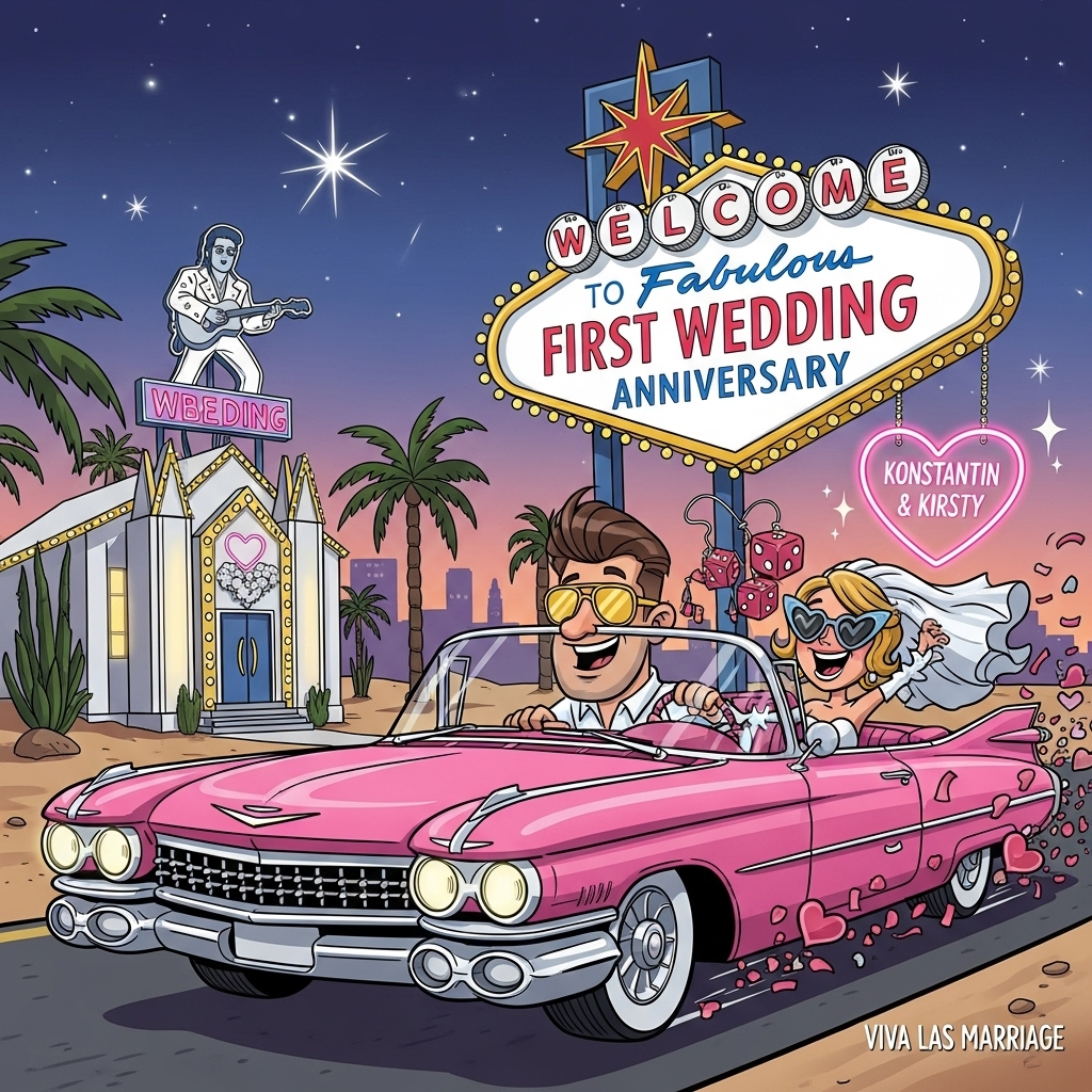 A couple driving in an Elvis-pink Cadillac. He is holding the wheel, and she is sitting next to him. They are driving away from a little white chapel in Las Vegas with the traditional Elvis Presley sign on the chapel., Instead of the “Welcome to Las Vegas” sign, please show the words: “Happy First Wedding Anniversary” in the same style., Insert  somewhere suitable “Konstantin & Kirsty” on one line in neon lights., and Anniversary Card
