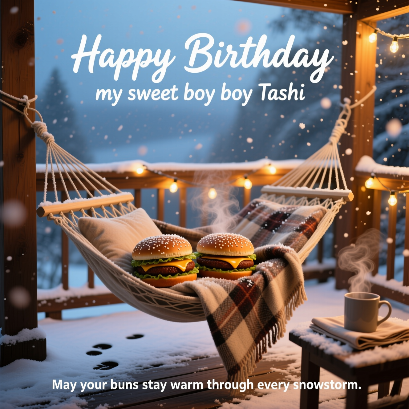 Hamburgers  sleeping hanging outside on the deck snowstorms, and Birthday Card