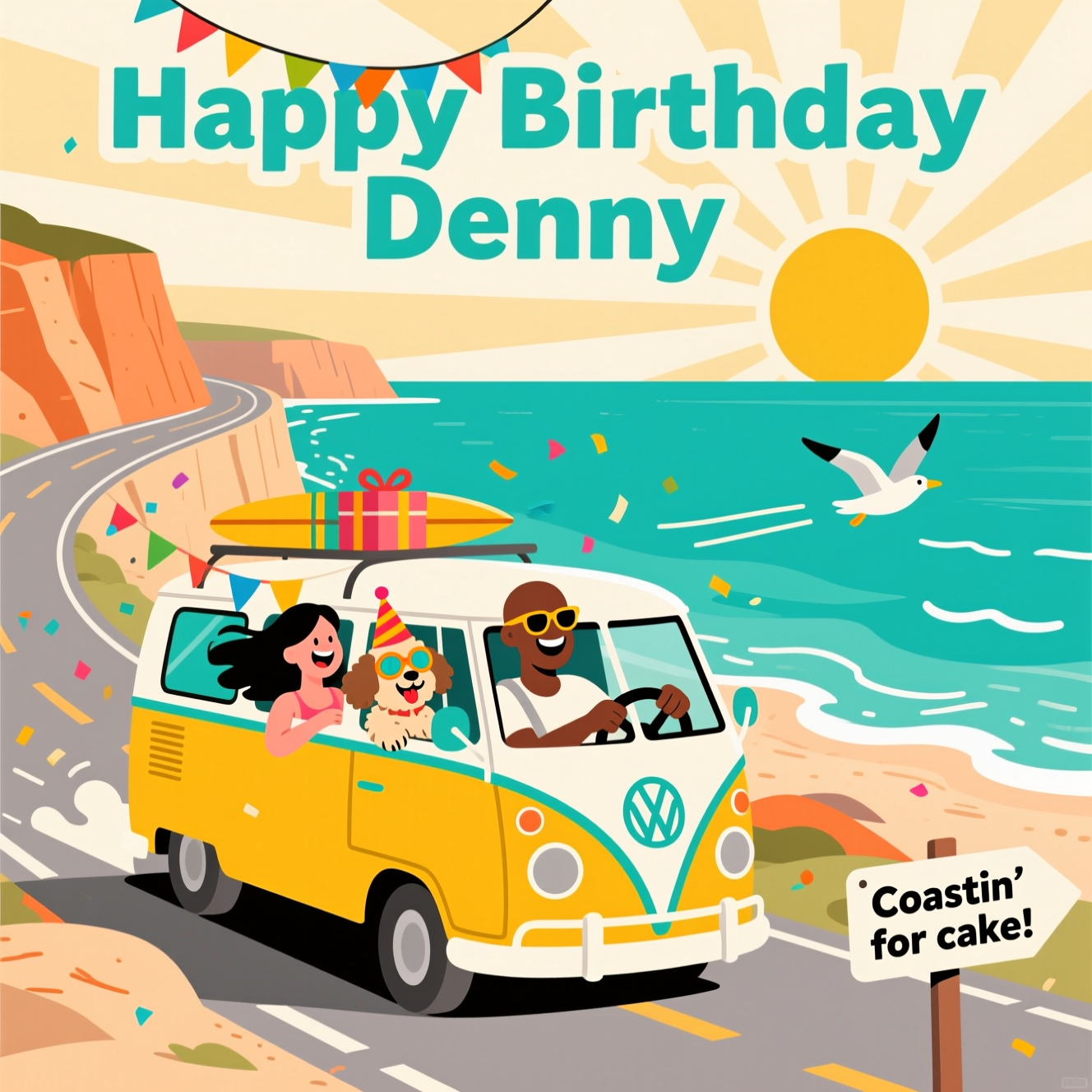 A bald black Man, a woman with black hair and a cockapoo in a camper van driving along the sunny coast., and Birthday Card