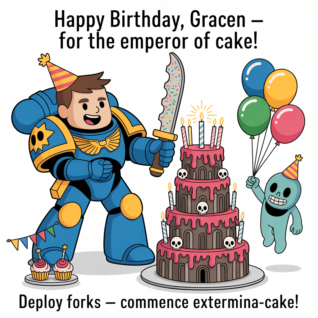 At the top of the Cartoon Style image, "Happy Birthday, Gracen — For the Emperor of Cake!"

At the bottom of the image, "Deploy forks — commence Extermina-cake!"

- In the center, depict a playful, Warhammer 40k–inspired cartoon scene: a chibi Space Marine in oversized blue-and-gold power armor with chunky shoulder pads and purity-seal ribbons, wearing a goofy party hat, triumphantly poised to slice a towering gothic cathedral–shaped birthday cake with a sprinkles-dusted chainsword as a cake knife.
- Beside them, a grinning, chubby cartoon Ork in a tiny party hat clutches bright balloons and offers a thumbs-up, while a cute servo-skull floats by with a tray of cupcakes and streamers.
- The cake bristles with candle “turrets,” frosting crenellations, and fondant skulls; confetti and colorful banners transform the grimdark into party-bright.
- Style: playful cartoon, exaggerated proportions, thick black outlines, bright saturated colors, whimsical, energetic poses, high contrast, clean composition with clear space for the top and bottom text. No gore, just joyful chaos and frosting.
Generated with these themes: Warhammer 40k, and .
Made with ❤️ by AI.