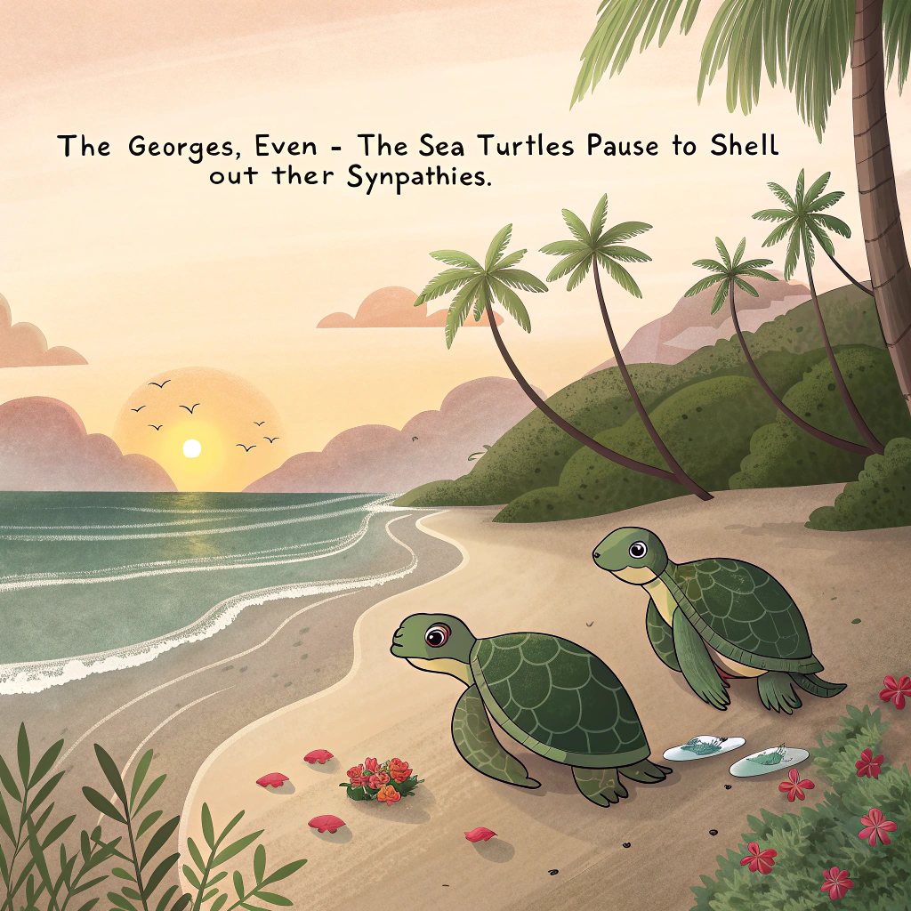 At the top of the image, "The Georges, even the sea turtles pause to shell out their sympathies."

- Create a gentle, hand-drawn illustration set on a quiet Hawaiian beach at sunset.  
- In the center, depict a group of Hawaiian green sea turtles slowly emerging from the ocean, their eyes solemn, some carrying flower leis gently placed around their shells.  
- A pair of flip-flops rest alone in the sand near the shoreline, partially buried, suggesting quiet absence.  
- Palm trees lean in softly from either side, casting elongated shadows, as if bowing their heads.  
- The ocean glows with soft, golden-pink hues from the sinking sun, with gentle waves lapping the shore in rhythmic hushes.  
- Small flowers, such as hibiscus and plumeria, drift in on the waves, gently collecting near the turtles' feet.  
- A subtle heart-shaped pattern forms in the foam of the sea where it touches the sand.
Generated with these themes: Hawaiian turtles, and Beach.
Made with ❤️ by AI.