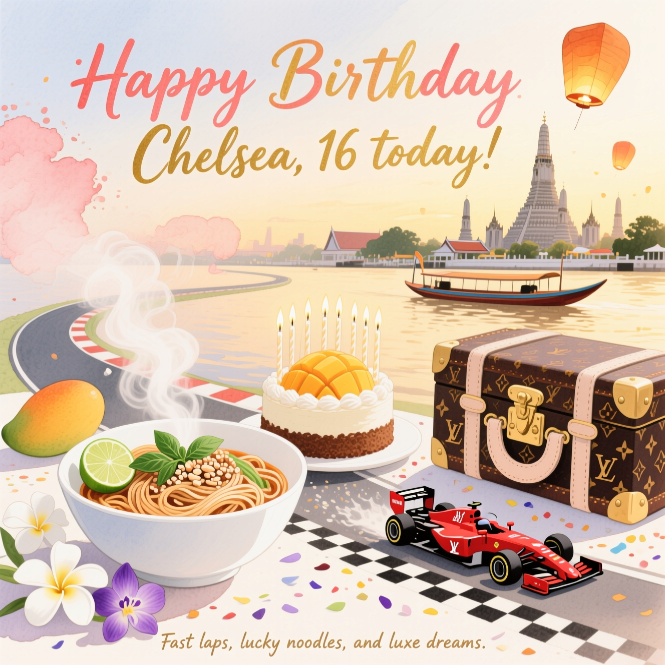 At the top of the Watercolor Style image, write “Happy Birthday Chelsea, 16 today!” in elegant hand-lettered watercolor script, soft coral and gold with gentle pigment blooms.

Create a sincere, airy watercolor scene that blends Thailand’s warmth, racing excitement, luxe celebration, and sweet birthday joy: In the foreground, a delicate white porcelain bowl of steaming Thai noodles (Pad Thai) with a lime wedge, basil, and crushed peanuts; wisps of steam curl upward toward the title. Beside it, a small mango-and-coconut birthday cake crowned with 16 slender glowing candles. To the right, a chic Louis Vuitton monogram gift trunk with pale leather straps and soft gold clasps—render the monogram subtly in watercolor, no hard edges.

A graceful ribbon of racetrack arcs around the cake and bowl, dissolving into watercolor splashes; a tiny crimson Formula One car glides along it, leaving a faint checkered-flag trail that turns into confetti. In the background, a serene Thai river at golden hour with a long-tail boat, floating sky lanterns drifting upward, and the softly silhouetted spires of Wat Arun. Scatter a few white frangipani and purple orchids near the base for a gentle Thai flourish.

Style notes: soft watercolor washes, delicate gradients, subtle wet-on-wet blooms, and visible natural paper texture; pastel palette of blush, mango, saffron, jade, and ultramarine; keep lines loose and minimal, no harsh outlines; luminous, heartfelt, and celebratory atmosphere.

At the bottom in a small, hand-lettered caption, add: “Fast laps, lucky noodles, and luxe dreams.”
Generated with these themes: Thailand, Noodles, Louis vuitton, Formula one, Cake, and .
Made with ❤️ by AI.