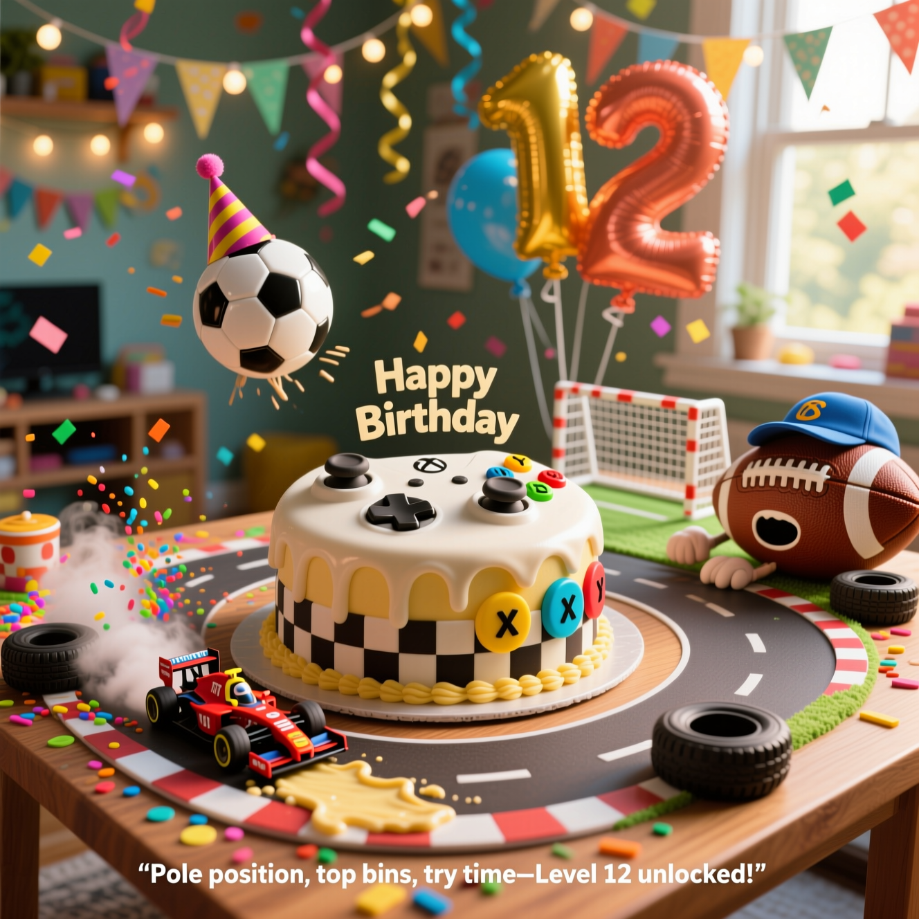 At the top of the Photorealistic picture taken from a camera image, Happy 12th Birthday Seb!

Ultra-high-definition 4K UHD photograph, realistic and funny: a sunlit gaming-den party table turned into a mini racetrack. Center stage sits an Xbox controller–shaped birthday cake (fondant thumbsticks, colored ABXY buttons, glossy icing) on a checkered-flag runner. A tiny F1 car drifts around the cake in a tight corner, spraying rainbow sprinkles like tire smoke and leaving a buttery frosting skid mark. In the mid-background, a football (soccer ball) wearing a tiny party hat is frozen mid-flight toward a makeshift mini goal, while from the right a rugby ball in a scrum cap “dives” in for a comedic tackle. Helium “1” and “2” balloons bob behind, confetti and streamers hang in the air. Natural window light from the left with soft bounce fill; lifelike textures of cake fondant, rubber tires, leather ball grain, wood table; rich depth of field with creamy bokeh fairy lights. Shot on a full-frame camera, 85mm lens, f/2.0, ISO 200, 1/1000s, accurate lighting and true-to-life color.

At the bottom in a small playful caption: “Pole position, top bins, try time—Level 12 unlocked!”
Generated with these themes: F1, football, xbox, rugby, and .
Made with ❤️ by AI.