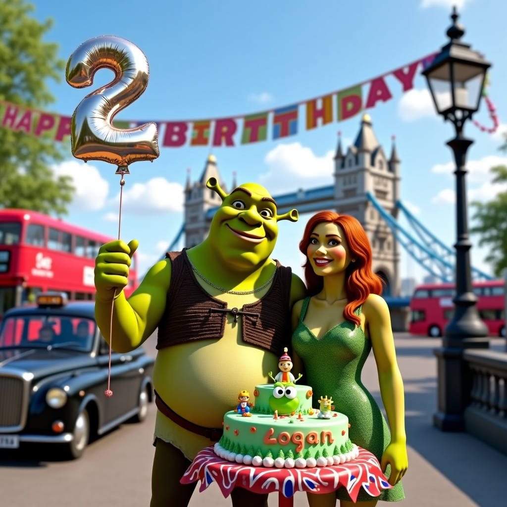 Shrek and Fiona in London holding a number 2 ballon and happy birthday logan Birthday Card