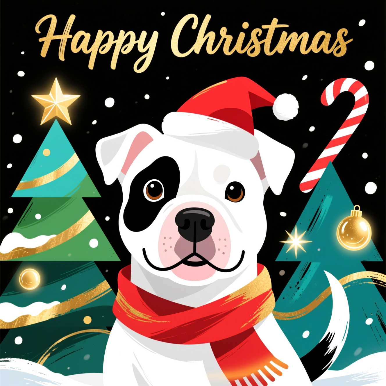 At the top of the Abstract Style image, Happy christmas

Full-bleed portrait composition in a bold abstract style: a cute white Staffordshire Bull Terrier pup as the central motif, built from overlapping geometric shapes and fluid ribbon-like curves. Ensure a distinct black patch over the dog’s left eye (viewer-right if facing forward). Big round eyes, slight head tilt, soft blush, a tiny red Santa cap tipped toward the left ear, and a gentle smile for maximum adorableness. Surround the pup with abstract Christmas elements: stacked triangular tree silhouettes crowned with a gold star, candy-cane striped arcs, glowing bauble circles, star-bursts, and snowy paint-splatter dots. High-contrast festive palette: crisp white and inky black for the dog, vivid holly and emerald greens, bright crimson, icy cyan, deep teal, and warm metallic gold accents. Dynamic brush-stroke textures and palette-knife swipes intermingle with clean vector-like shapes for a modern expressive look; sweeping curved strokes suggest a wagging tail and a cozy scarf-like ribbon at the bottom. Cozy lighting with a warm rim glow on the pup and a cool winter shimmer in the background. Keep ample clean negative space, especially near the top for the text. “Happy christmas” set in a playful hand-lettered brush script or rounded sans, gold-foil or snowy white, centered at the top, crisp and small relative to the image. Single dog only, no other text, high-resolution, full-bleed, cute mood, modern abstract.
Generated with these themes: White staffy with black patch on left eye, and .
Made with ❤️ by AI.
