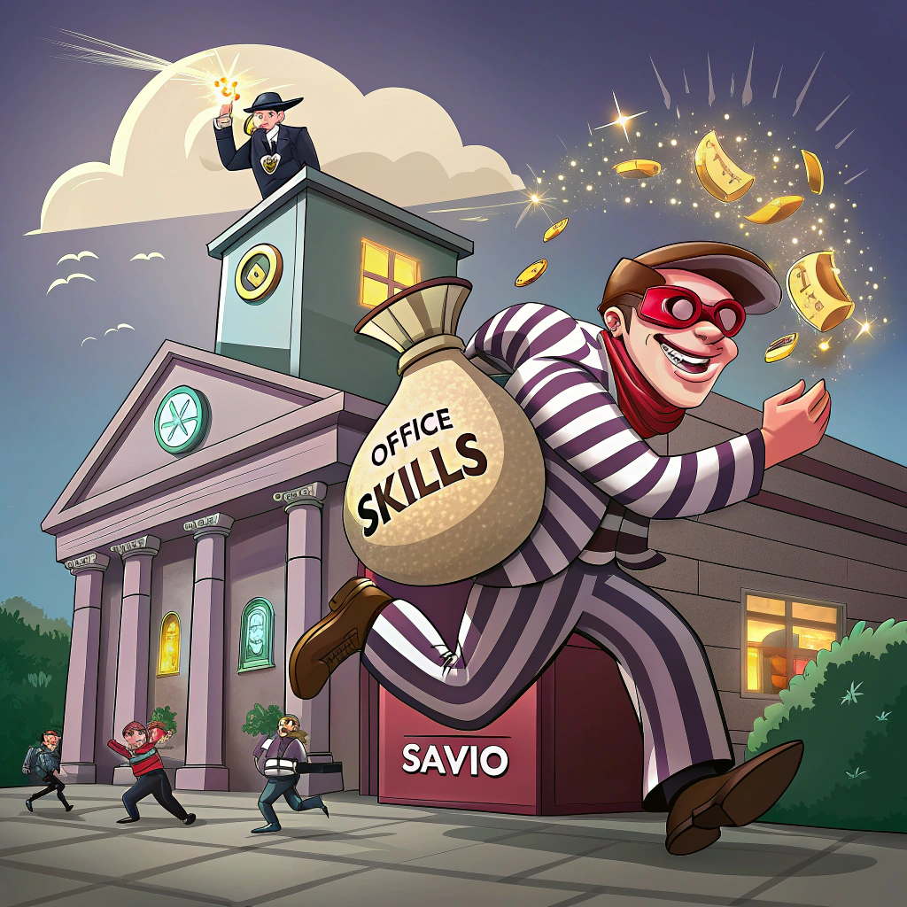 At the top of the image, "Savio, you've withdrawn your talents — Natwest called, they want them back with interest!"

- Create a cartoon-style image of Savio dressed as a bank robber wearing a striped suit and oversized comedy mask, sneakily tiptoeing out of a giant cartoon NatWest Bank branch while carrying a big money sack labeled “Office Skills” bursting with glowing, gold talents.
- In the background, alarm bells are ringing and exaggerated cartoon employees are fainting dramatically, holding signs like "Overdraft of Awesome!" and "We can't process this departure!"
- Include cheeky details like a desk with a ‘Savio Was Here’ sticky note, and a photocopier spitting out CVs with wings.
- Bright colors, exaggerated expressions, and playful chaos bring the farewell humor to life.
Generated with these themes: Natwest Bank , and .
Made with ❤️ by AI.