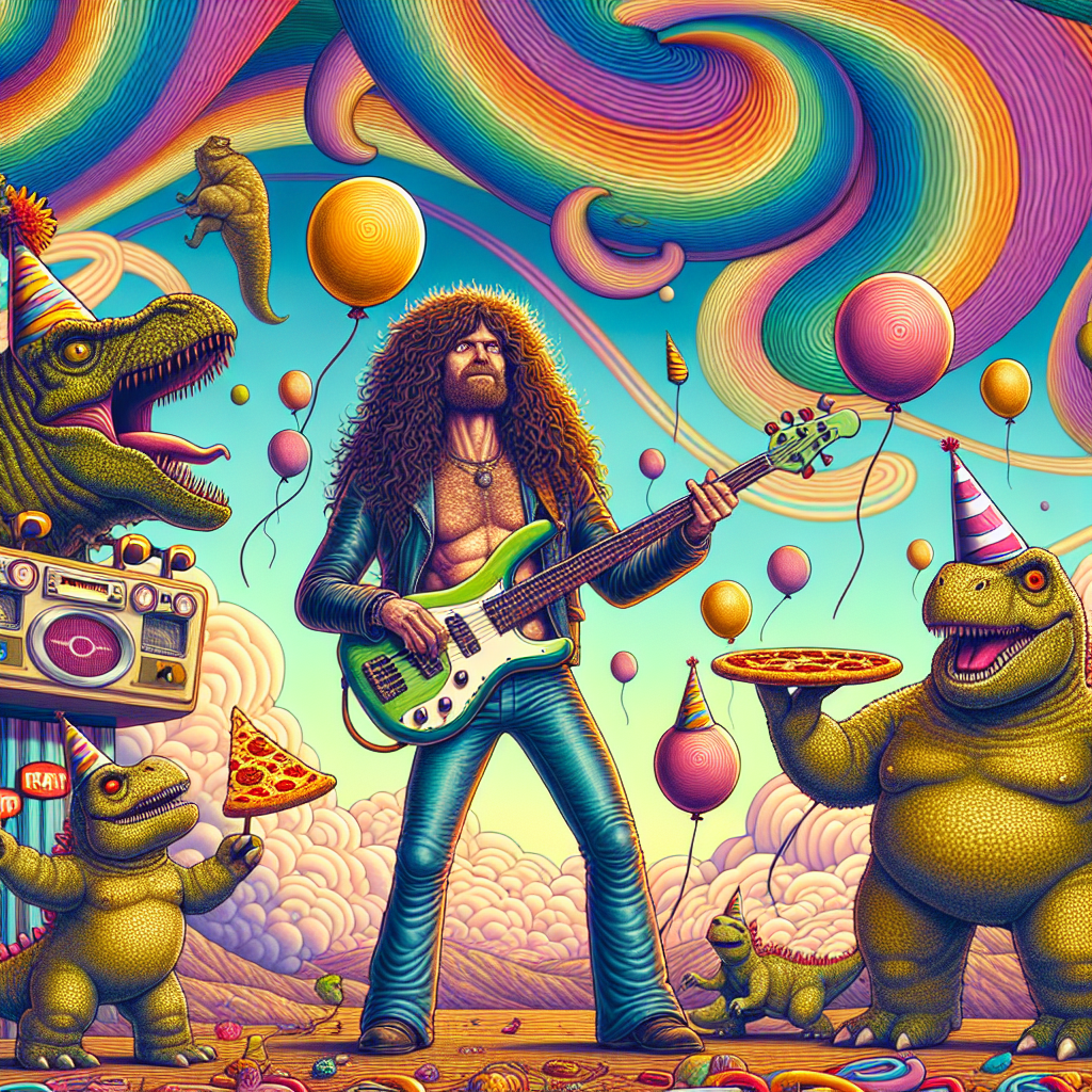 In a peculiar cartoon landscape with a sky vibrating in a whirl of hues, a party unfurls in the heart of this fabulous dream. A cartoon character with long curly hair stands gallantly wielding a bass guitar, his physique bearing a resemblance to a celebrated rock singer. Flanking him are approachable dinosaurs adorned with party hats, each grasping a slice of pizza in their mini T-Rex arms. Balloons begin their ascend, morphing into odd shapes as they rise into the fantastical sky.
Generated with these themes: Freddie Mercury, dinosaurs, bass guitar, long curly hair,pizza.
Made with ❤️ by AI.