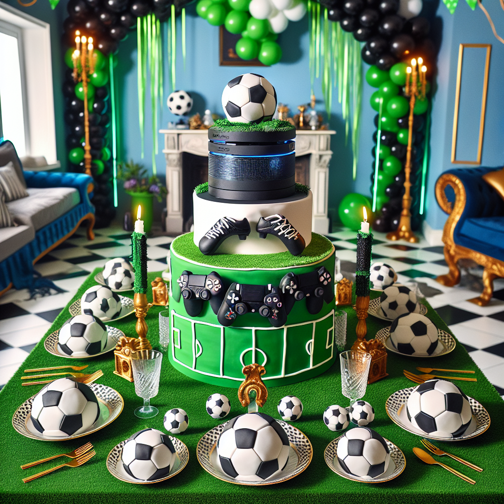 Imagine a vibrant birthday celebration themed around football. The inviting scene consists of a mini football field as the tablecloth, combined with plates and napkins adorned with small footballs and football boots. In the middle of the table, a highly detailed cake that closely resembles a popular gaming console takes the center stage, positioned atop an athletic shoe-themed stand. Decorative pieces looking like prestigious athletic football shoes are scattered across the table. The room is adorned with arches formed from black and white balloons, suggestive of a goalpost, and lively green streamers generate a fun, pitch-like atmosphere.
Generated with these themes: Soccer, Xbox, and Nike.
Made with ❤️ by AI.