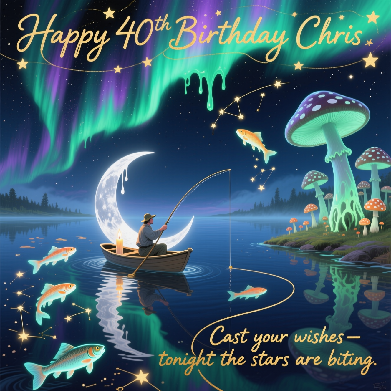 At the top of the Surreal Style image, Happy 40th Birthday Chris

Dreamlike, Dali-inspired surreal nightscape with melting forms and ethereal lighting: a still, glassy lake seamlessly blending into the night sky, where a silver crescent moon gently drips like candle wax and doubles as a small boat. A serene angler sits upon the moon-boat, casting a line into the sky-water. Luminous fish (koi and trout) swim among constellations; some leap and dissolve into stars midair. Towering bioluminescent magic mushrooms line the shoreline like gentle guardians, their speckled caps glowing and bending, stems subtly melting into the earth. Vast Northern Lights ribbon overhead in emeralds and violets, mirrored perfectly in the lake. Soft stardust, misty halos, and tender reflections convey a sincere, hopeful mood.

Integrate the top text in delicate star-script woven through the aurora, with a soft moonlit halo—elegant, celebratory, not overpowering.

Place a small caption along the curve of the fishing line near the lower right, in warm-gold hand-painted script: Cast your wishes—tonight the stars are biting.

Color palette: midnight indigo, aurora greens and violets, moon-silver, gentle gold. Painterly brushwork, soft glow, subtle vignetting, high detail, vertical composition.
Generated with these themes: Fishing, magic mushrooms, the moon, stars, fish, Northern lights, and .
Made with ❤️ by AI.