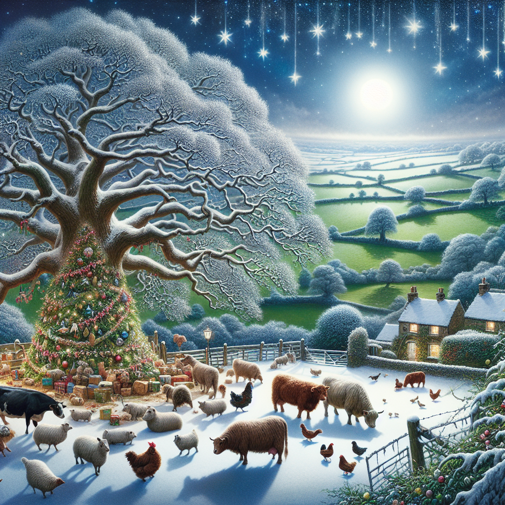 The Christmas scene is set within a tranquil countryside, where the green of the greenbelt is peeking through a gentle blanket of snow. Farm animals are gathered around an old oak tree, adorned with festive garlands. The heart of a local village shines through cottage windows, and above them, etched into the night sky with stars, reads 'Wishing you a Merry Festive Season and a Happy New Year'.
Generated with these themes: Countryside, Greenbelt, Village, Local, and Farm.
Made with ❤️ by AI.