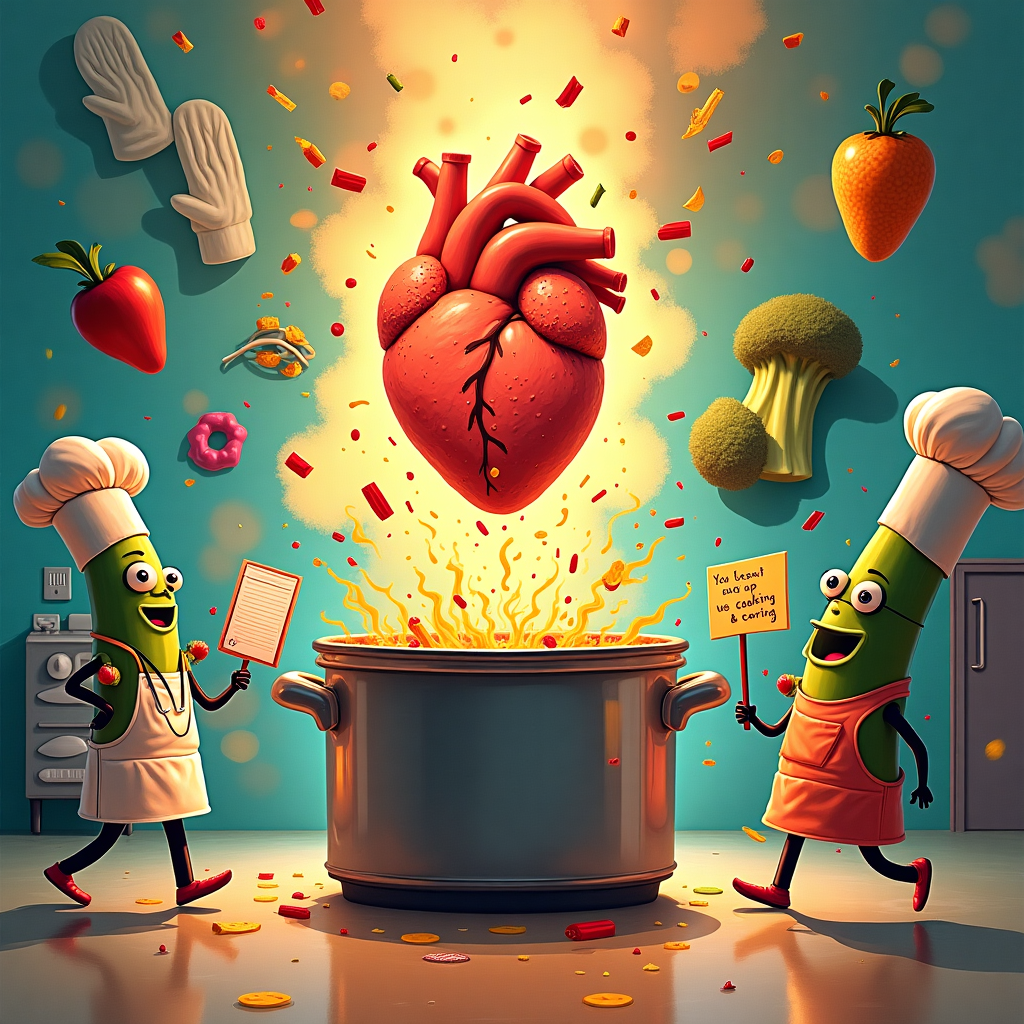 **Prompt:**  
At the top of the abstract image, "ARY—Serving Gratitude with a Side of Sass!"

Abstract scene in a vibrant, surreal style: A bustling commercial hospital kitchen where anthropomorphic fruits and veggies are running around wearing tiny chef hats and medical scrubs. A kale smoothie in a stethoscope consults a clipboard, while a donut dressed as a dietitian furiously points at a “No Fun Food!” chart. In the center, a glowing thank-you note floats above a boiling stock pot that's shaped like a giant human heart, simmering with colorful spices and gratitude confetti. In the background, oven mitts are applauding, and a walking broccoli carries a banner that reads "You kept us cooking & caring!" Abstract elements like floating forks, nutritional labels, and swirling sauce patterns form a kaleidoscopic, humorous celebration of dietetics, kitchens, and healing.
Generated with these themes: Commercial kitchen, Dietitian, and Hospital.
Made with ❤️ by AI.