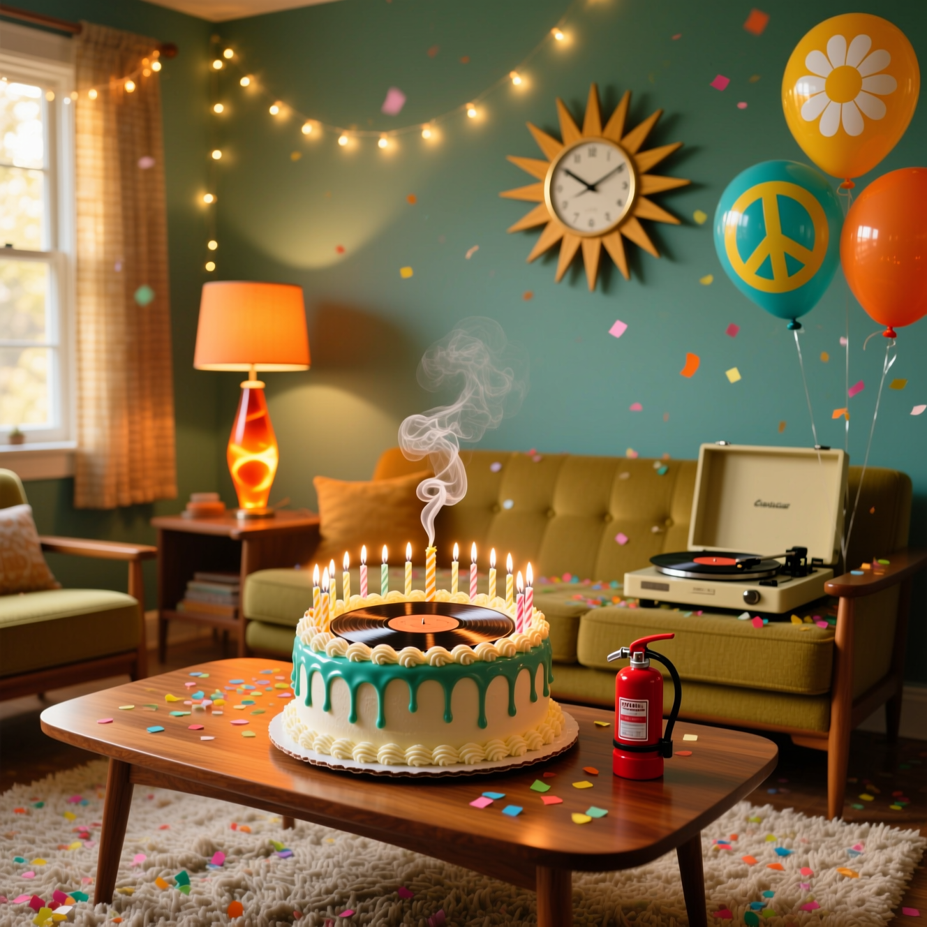At the top of the Photorealistic picture taken from a camera image, Happy 60th Birthday Lynn

Ultra-high-definition 4K UHD, true-to-life, camera-taken photograph with accurate lighting, lifelike textures, and rich depth of field. Scene: a 1960s-inspired living room set for a 60th birthday. Mid-century modern sofa, teak coffee table, shag rug, glowing orange lava lamp, sunburst wall clock, classic record player, daisy and peace-sign balloons, and scattered confetti. Center of frame: a hyper-real vinyl-record-shaped birthday cake on the coffee table, piled with lots of tiny lit candles; glossy icing, wax drips, and a playful curl of candle smoke for a funny, slightly over-the-top vibe. A tiny red toy fire extinguisher on the table adds cheeky humor. No visible brand logos or celebrity images.

Lighting and camera: natural golden-hour window light from camera left, warm tungsten fairy lights in the background for gentle bokeh. Shot on a full-frame 35mm camera with a 50mm lens at f/2.8; crisp focus on the cake and table textures (frosting swirls, wood grain, confetti), background softly blurred; subtle film-like grain and realistic reflections in the lava lamp glass.

Color palette: avocado green, mustard yellow, burnt orange, and teal—authentically retro yet realistic. Vertical composition with clean negative space near the top on a softly out-of-focus wall to hold the headline in groovy 1960s bubble lettering, bold and readable with a soft drop shadow.

At the bottom of the Photorealistic picture taken from a camera image, Still groovin' after 60 revolutions!
Generated with these themes: 60s birthday, and .
Made with ❤️ by AI.