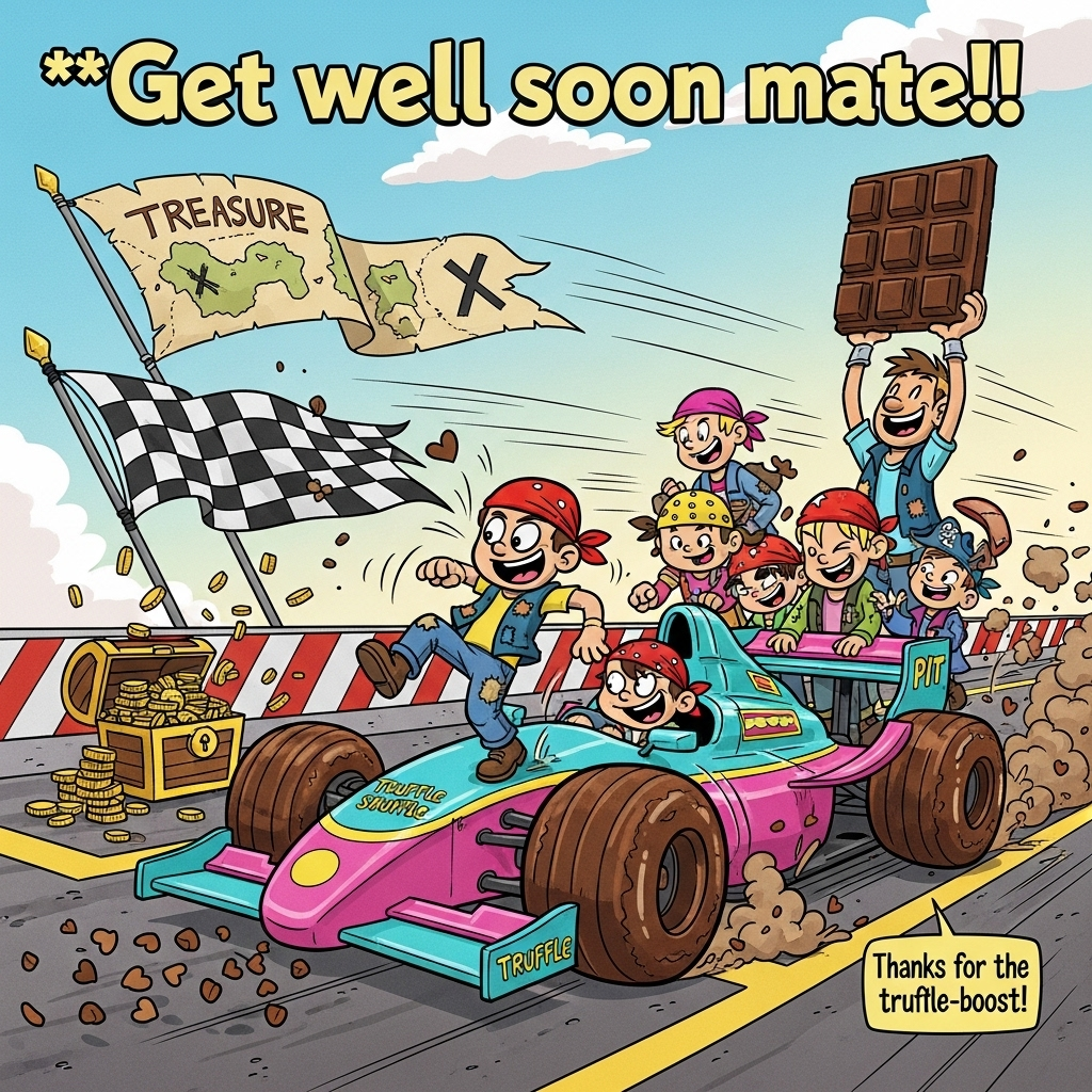 At the top of the Cartoon Style image, Get well soon mate!!

A playful, funny cartoon scene at a candy-coated F1 pit lane: a bright formula-style race car zooms out with oversized wheels made of glossy chocolate truffles, kicking up cocoa-dust confetti shaped like little hearts. A ragtag Goonies-style crew of kids in pirate bandanas and patched jackets acts as the pit team—one goofy kid on the car’s nose is mid–Truffle Shuffle, wiggling with huge grin and energetic motion lines. A checkered flag woven from chocolate squares waves, while a treasure chest spills foil-wrapped chocolate coins beside candy-striped curbs. In the background, a hand-drawn treasure map banner flaps with a big “X,” and a friendly towering teammate hoists a giant chocolate bar like a trophy. Exaggerated proportions, thick black outlines, bright saturated colors (turquoise, hot pink, lemon yellow, chocolate brown), and whimsical, energetic poses. Dynamic 3/4 angle, speed lines, warm sunlight, crisp vector-style shading.

Render the top text in bold bubbly letters with a creamy white fill and cocoa-brown outline. Add one small pit-wall sign near the bottom right that reads: Thanks for the truffle-boost!
Generated with these themes: Goonies , F1, Chocolate, Truffle Shuffle, and .
Made with ❤️ by AI.